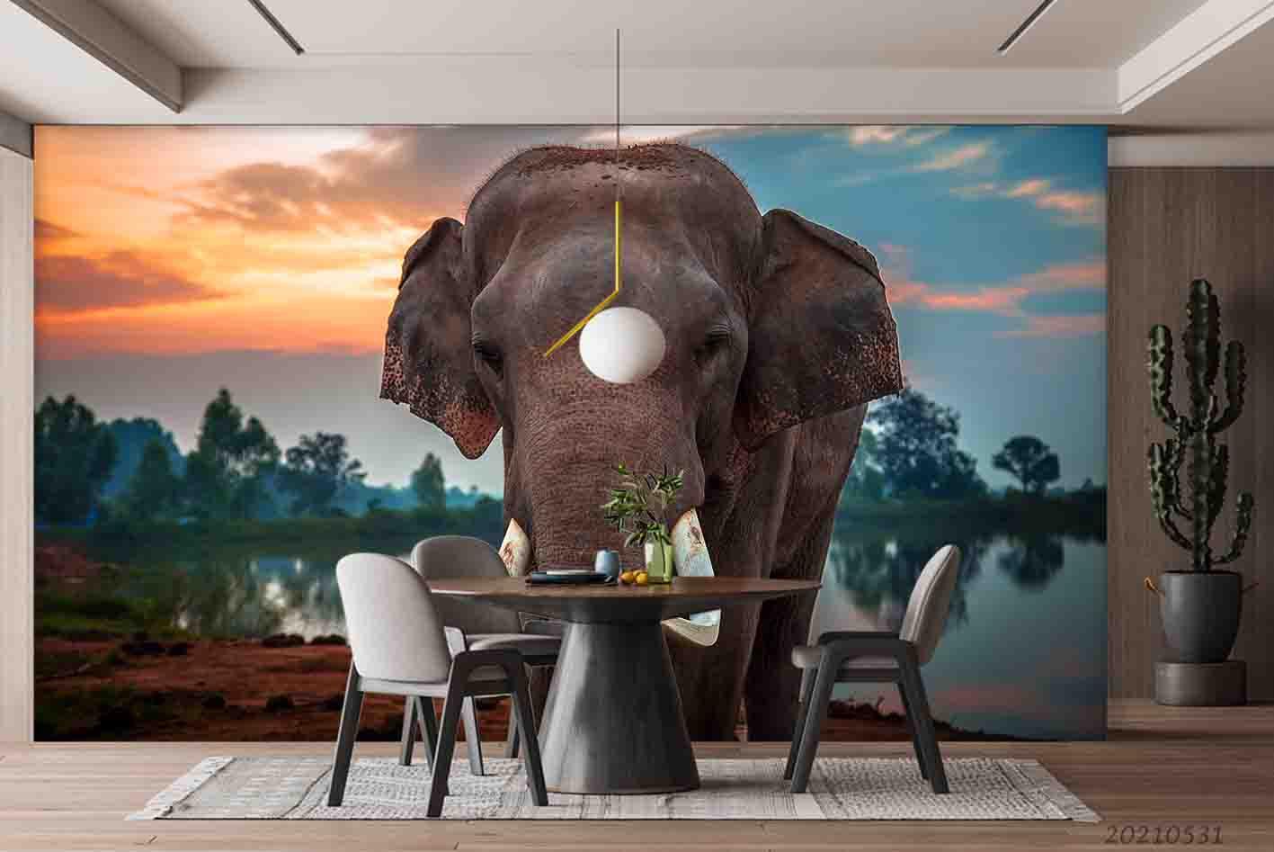 3D Tropics Elephant River Sunset Wall Mural Wallpaper SWW785- Jess Art Decoration
