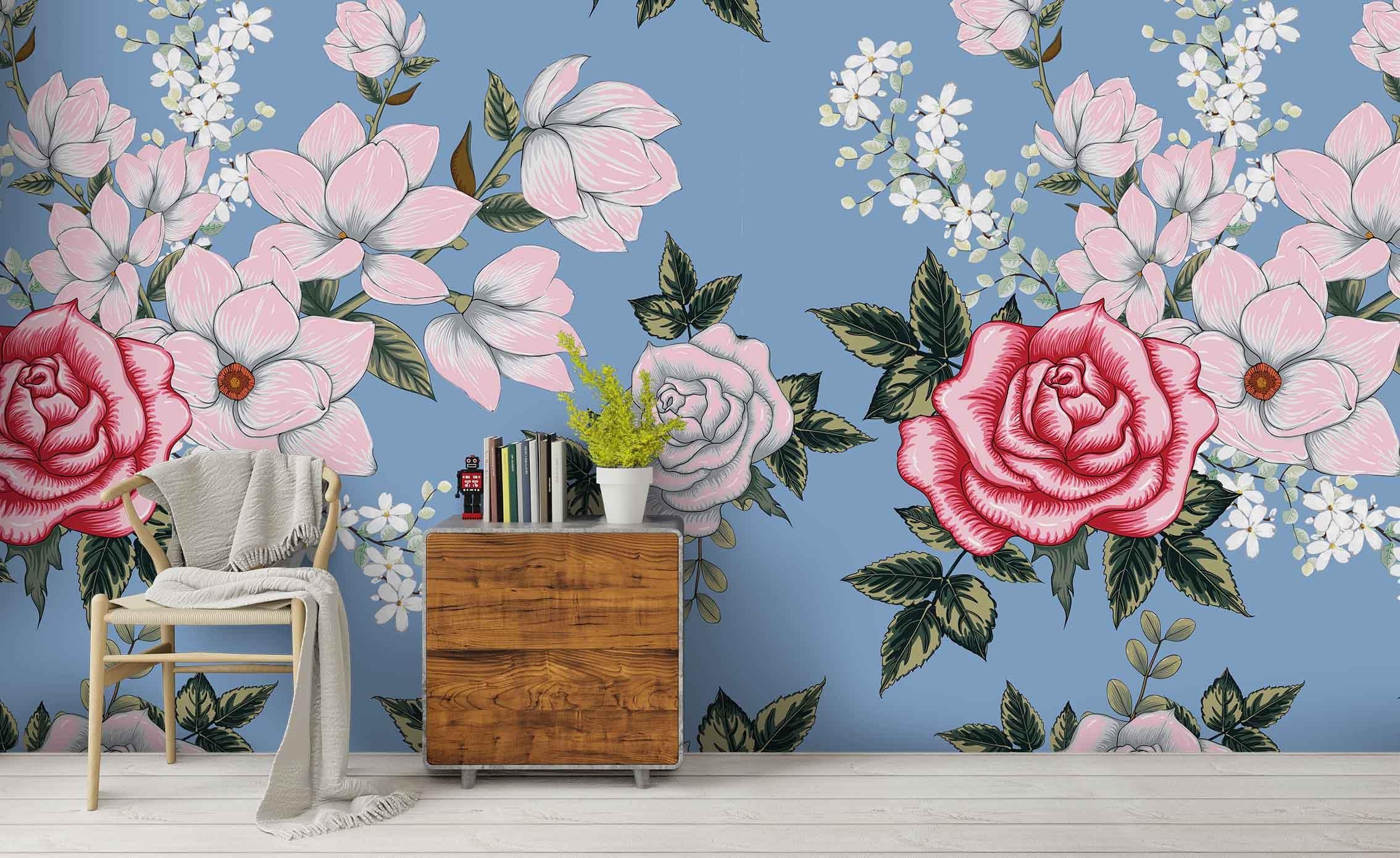 3D Pink Flower Blue Background Wall Mural Wallpaper 32 LQH- Jess Art Decoration