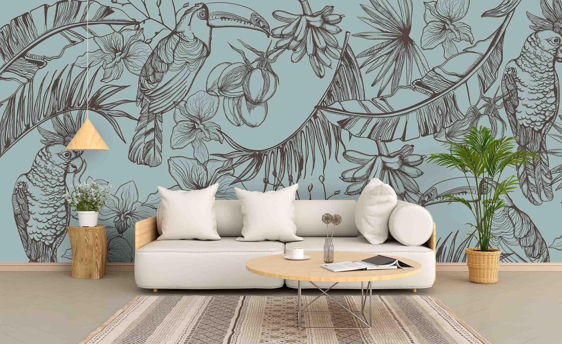 3D Freehand Sketching Simple Flower Green Wall Mural Wallpaper ZY D6- Jess Art Decoration