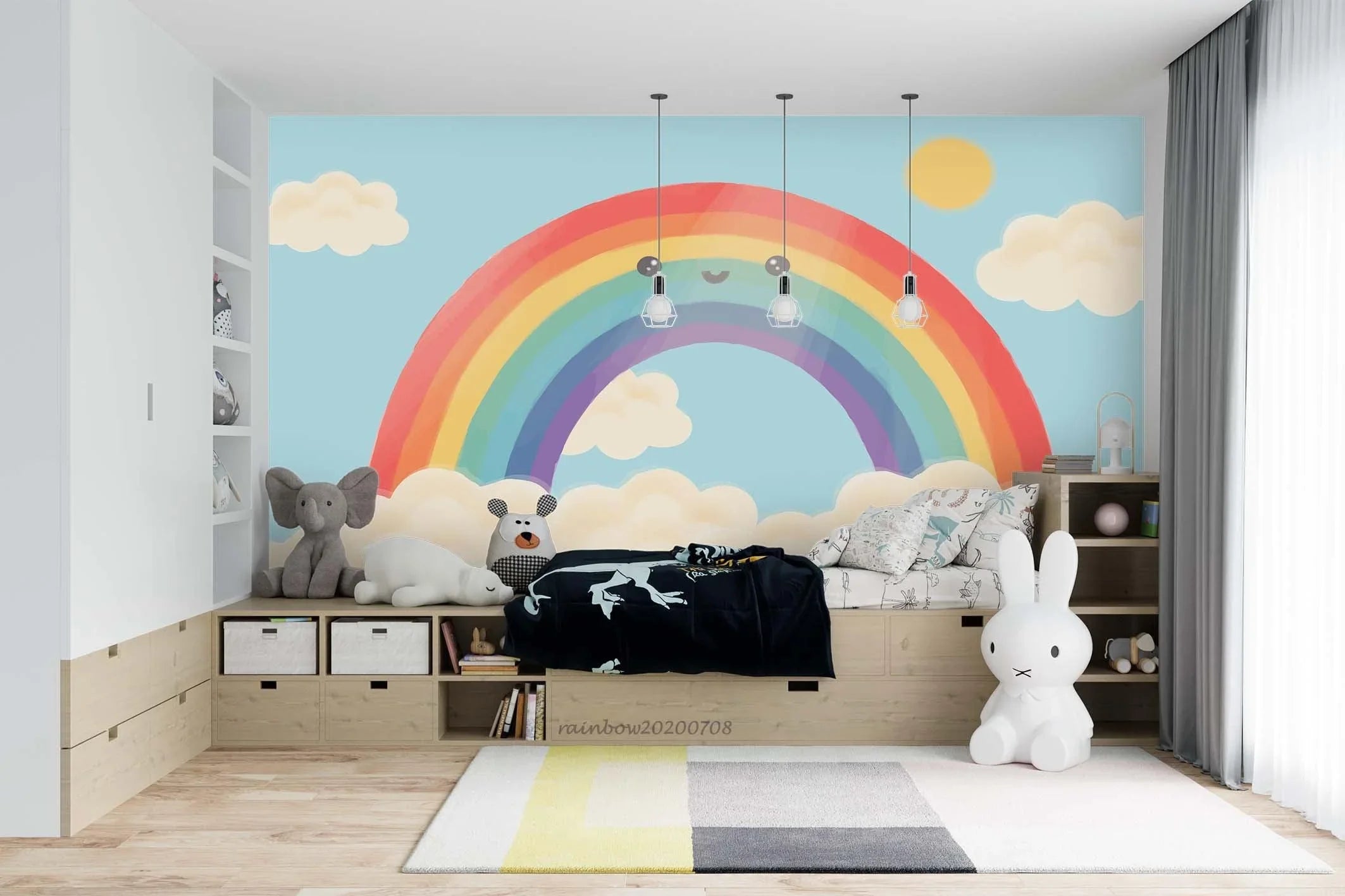 3D Cartoon Rainbow Blue Sky White Clouds Wall Mural Wallpaper A152 LQH- Jess Art Decoration