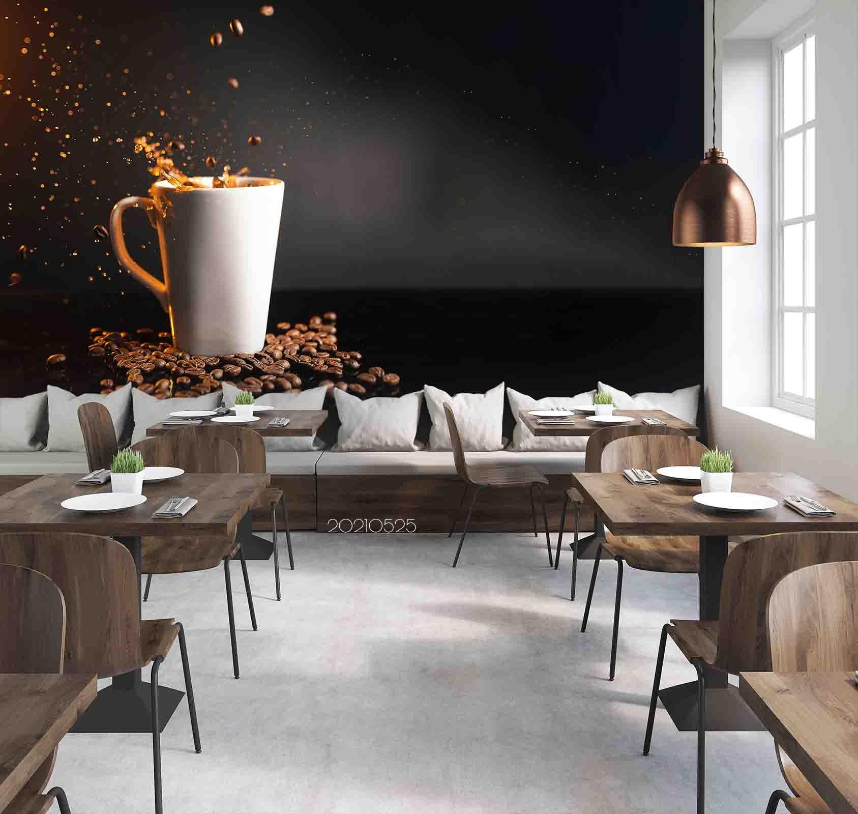 3D  Black Walls White Cup Splashed Coffee  Wall Mural Wallpaper SWW4- Jess Art Decoration