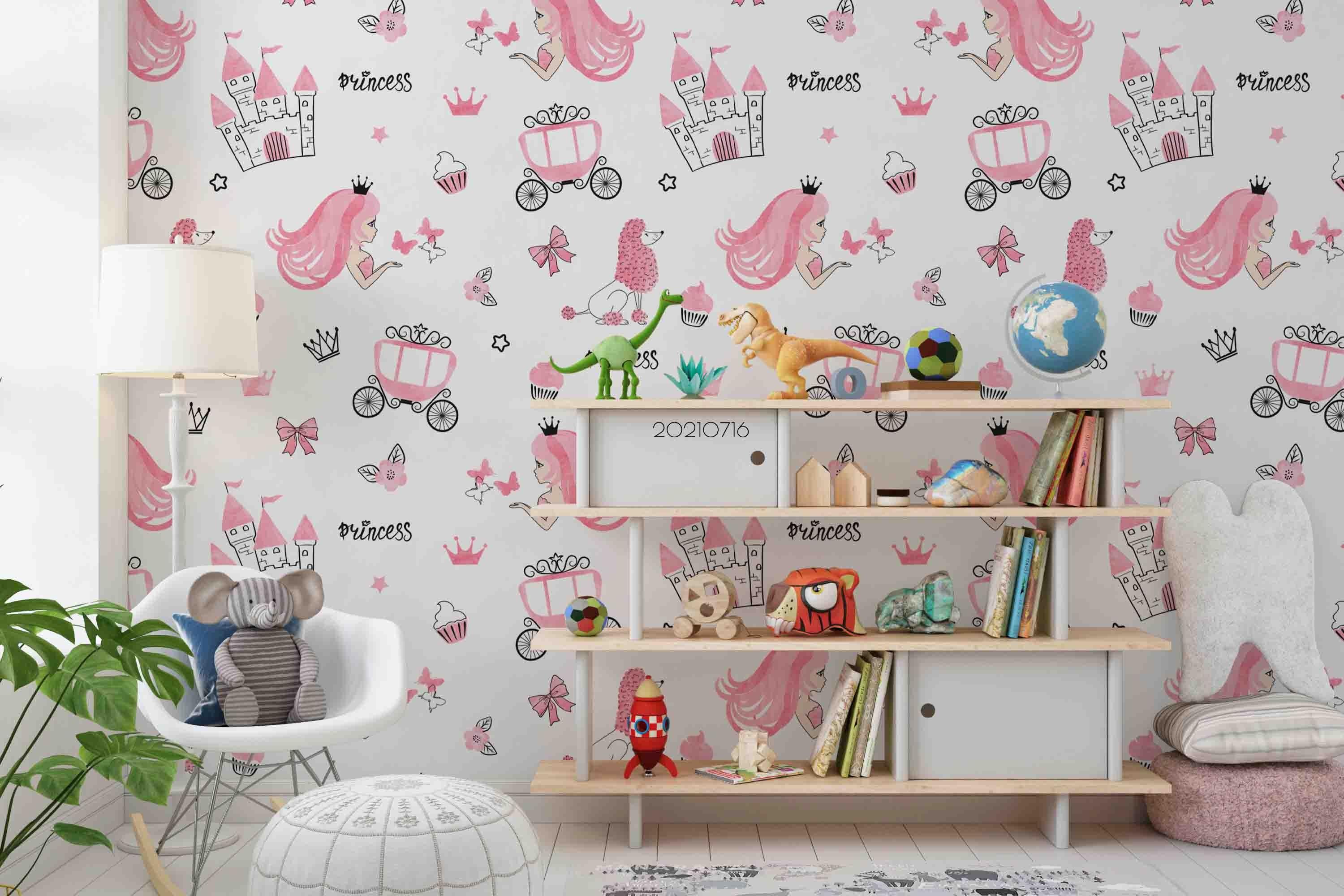 3D Hand Drawn Pink Princess Carriage Dog Wall Mural Wallpaper LQH 15- Jess Art Decoration