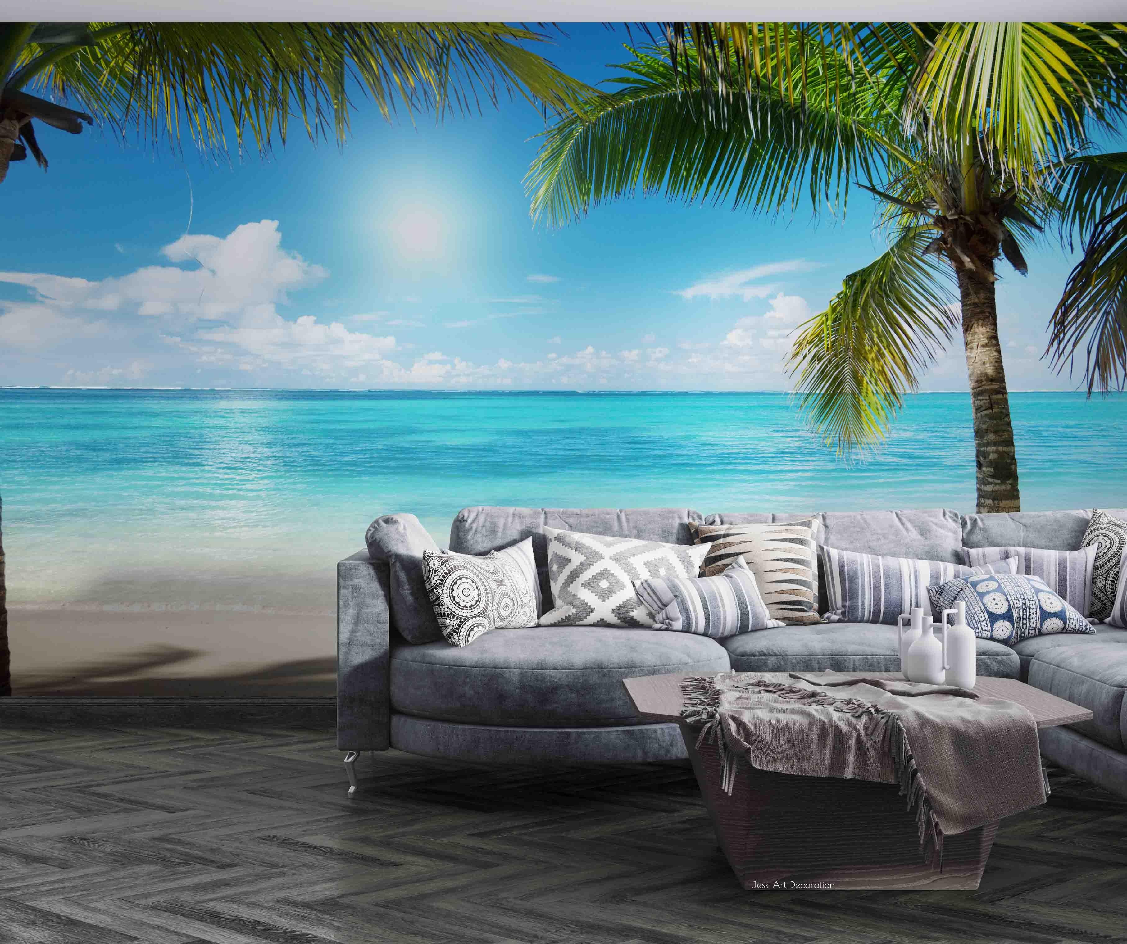 3D Beach Sky Plant Coconut Tree Blue Landscape Wall Mural Wallpaper LLL 2012- Jess Art Decoration