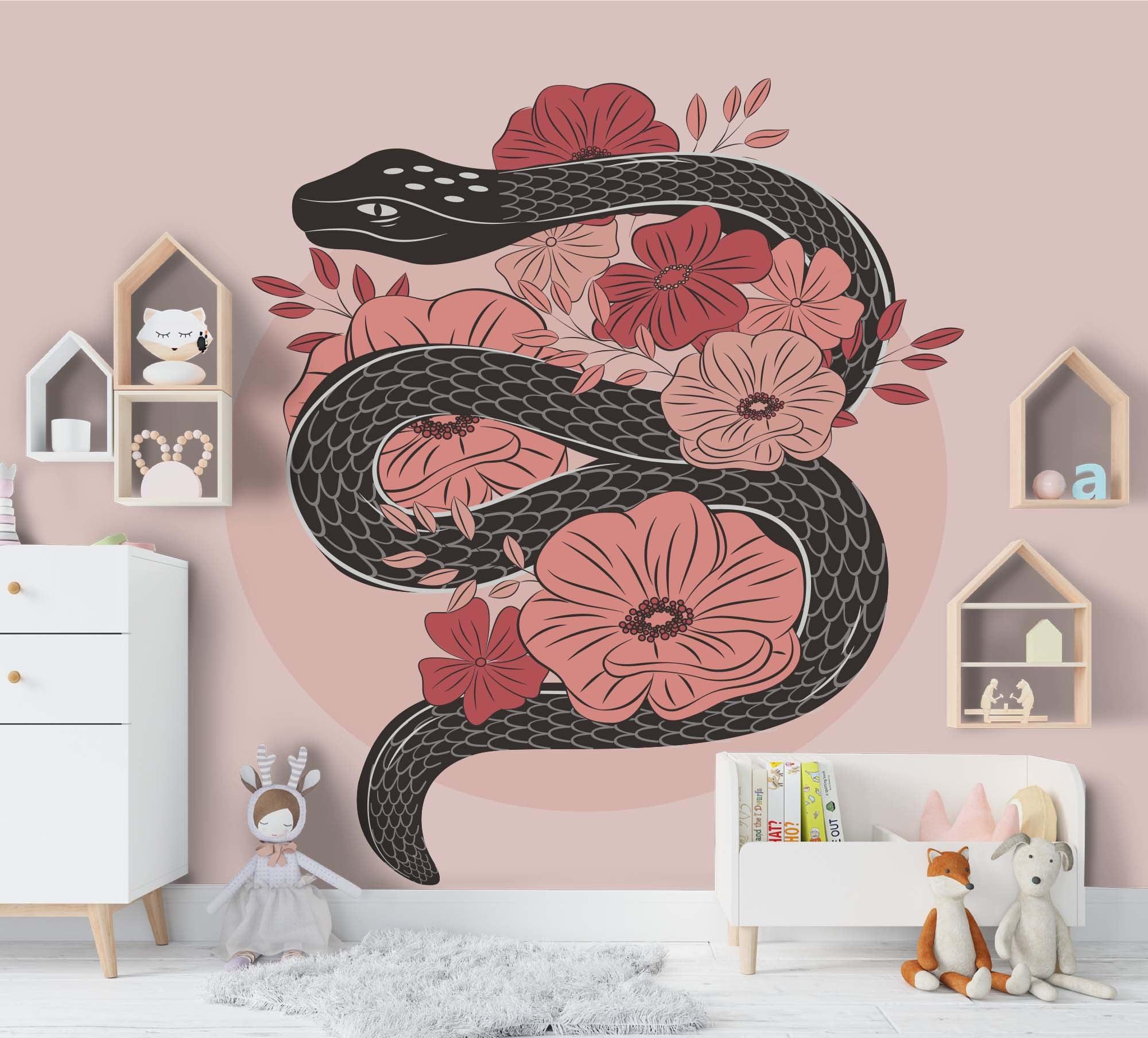 3D Black Snake Pink Floral Wall Mural Wallpaper 108 LQH- Jess Art Decoration
