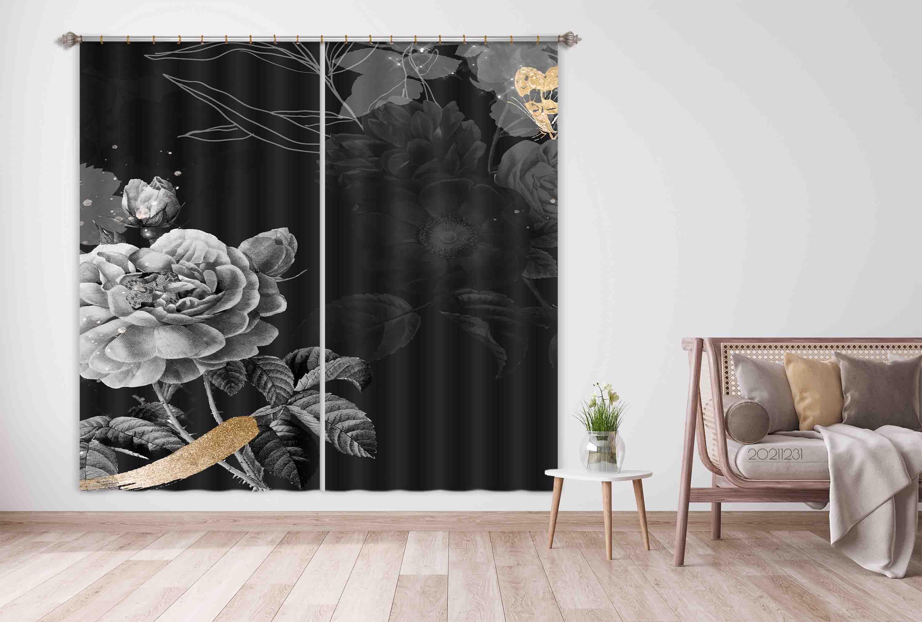 3D Vintage Black White Flower Leaf Curtains and Drapes GD 92- Jess Art Decoration