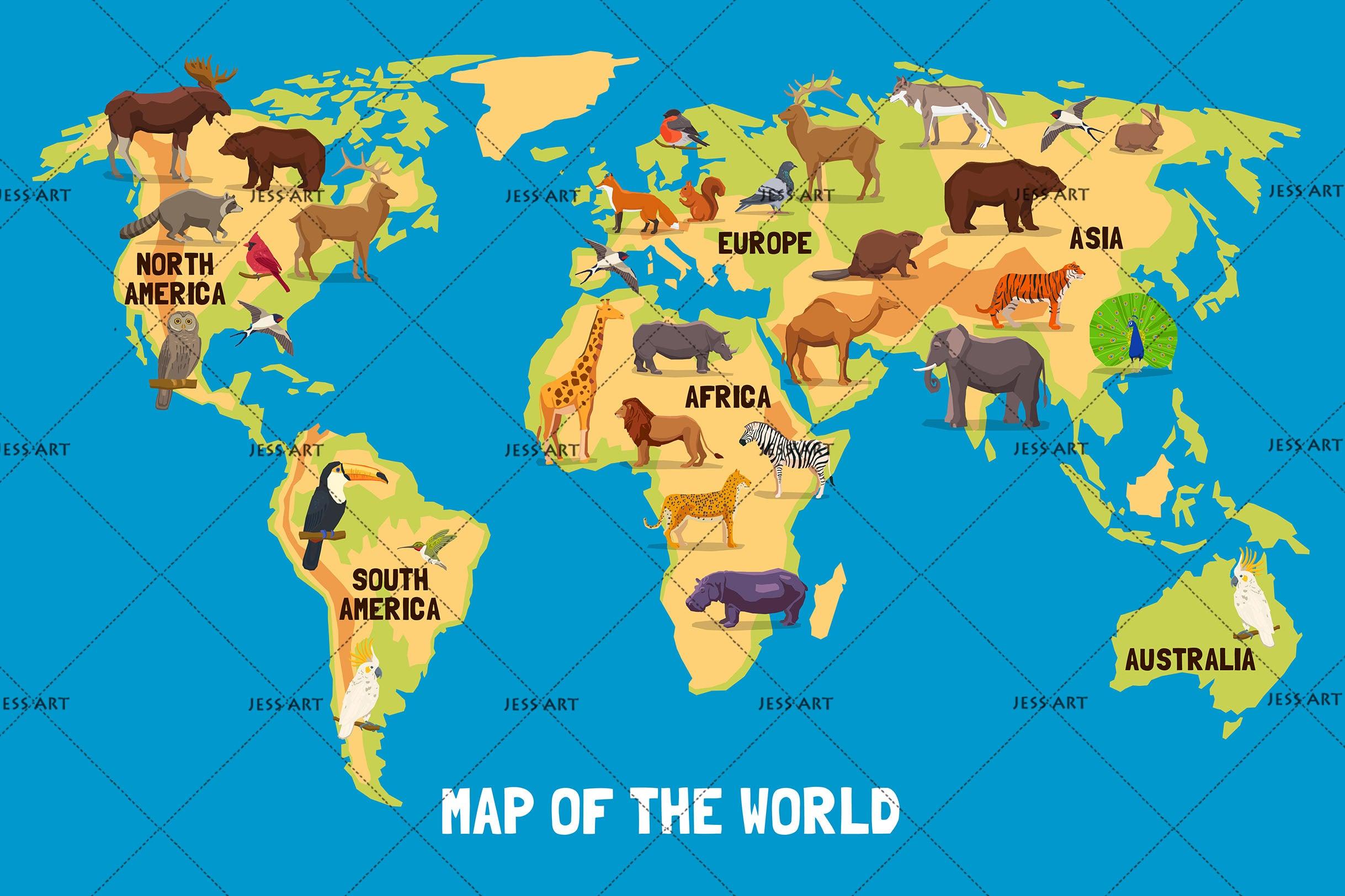 3D Blue World Animal Map Wall Mural Wallpaper LQH 87- Jess Art Decoration