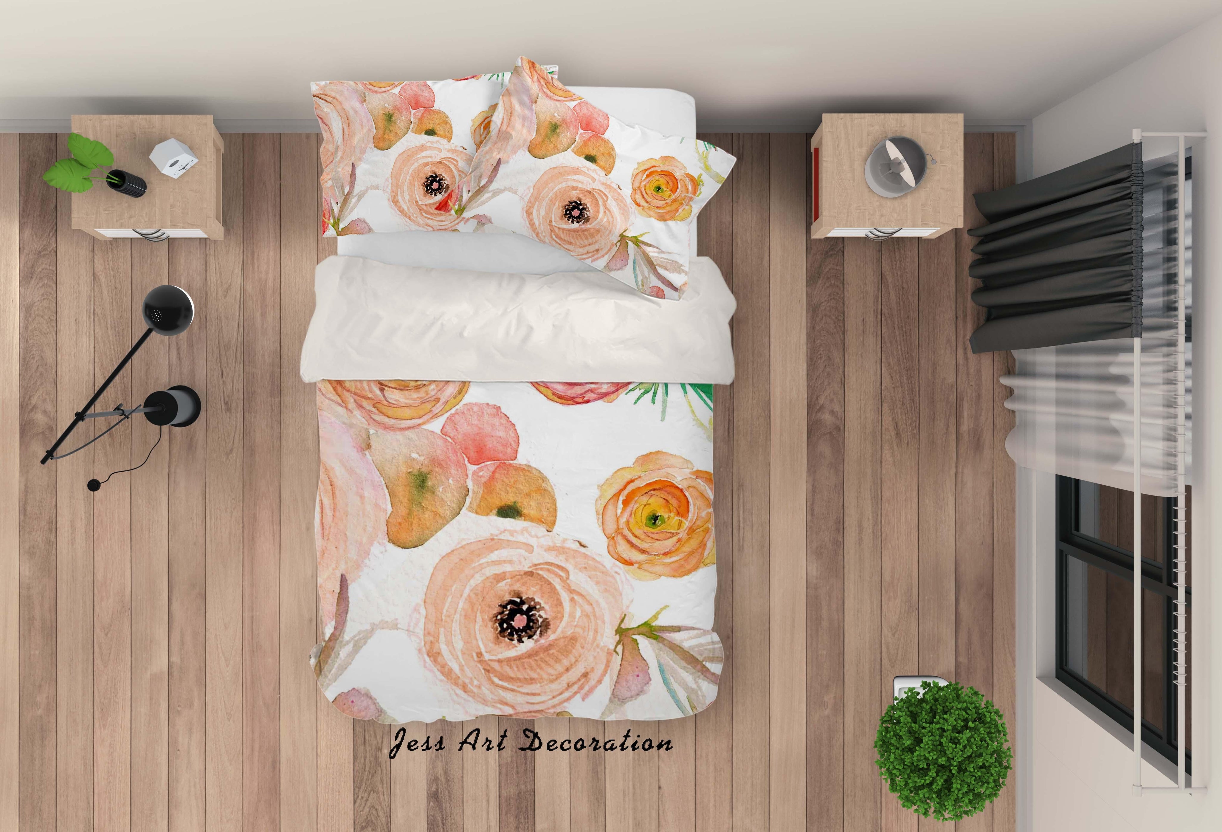 3D Watercolor Orange Floral Quilt Cover Set Bedding Set Pillowcases 23- Jess Art Decoration