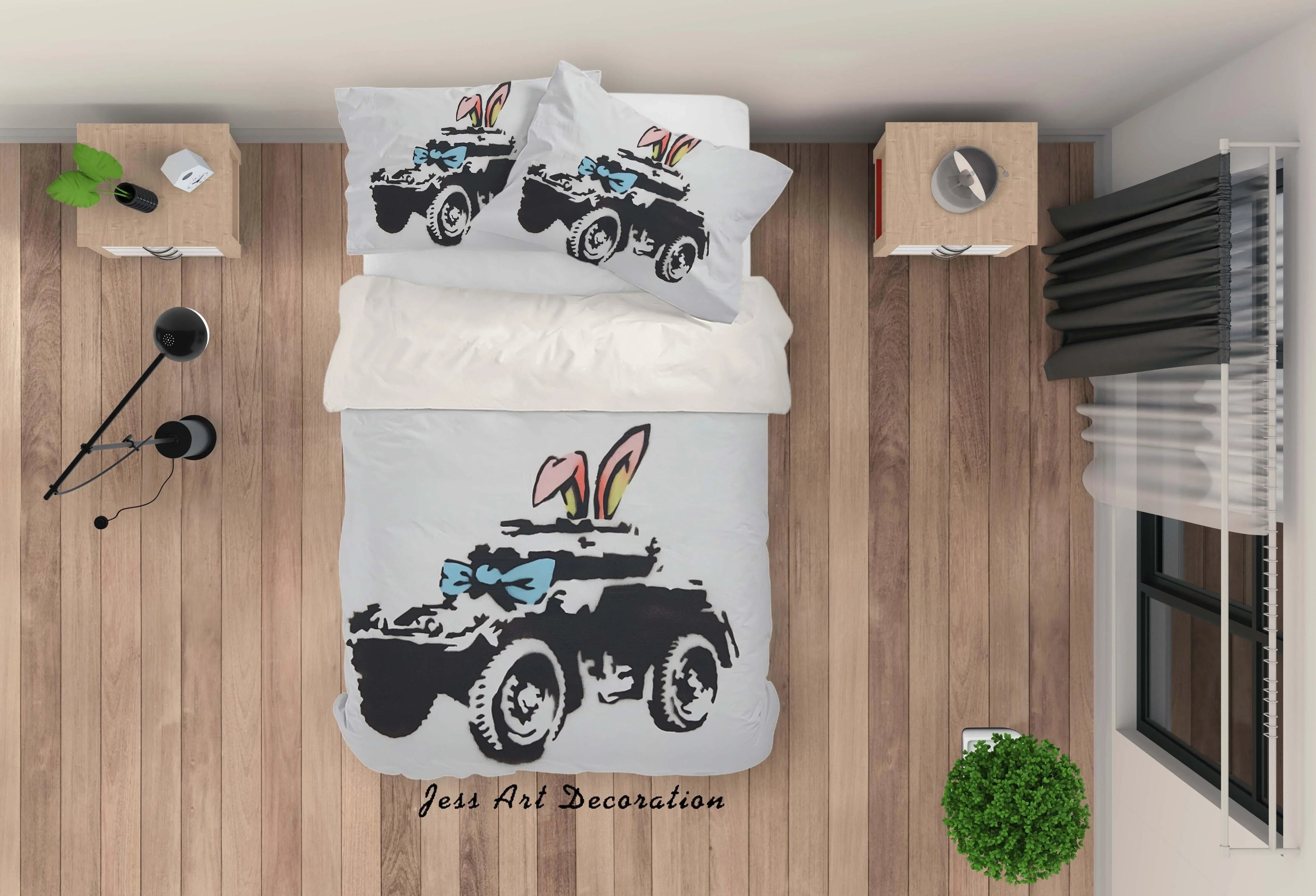 3D Banksy Armoured Car Pink Rabbit Ear Quilt Cover Set Bedding Set Pillowcasesn  ZY D2- Jess Art Decoration