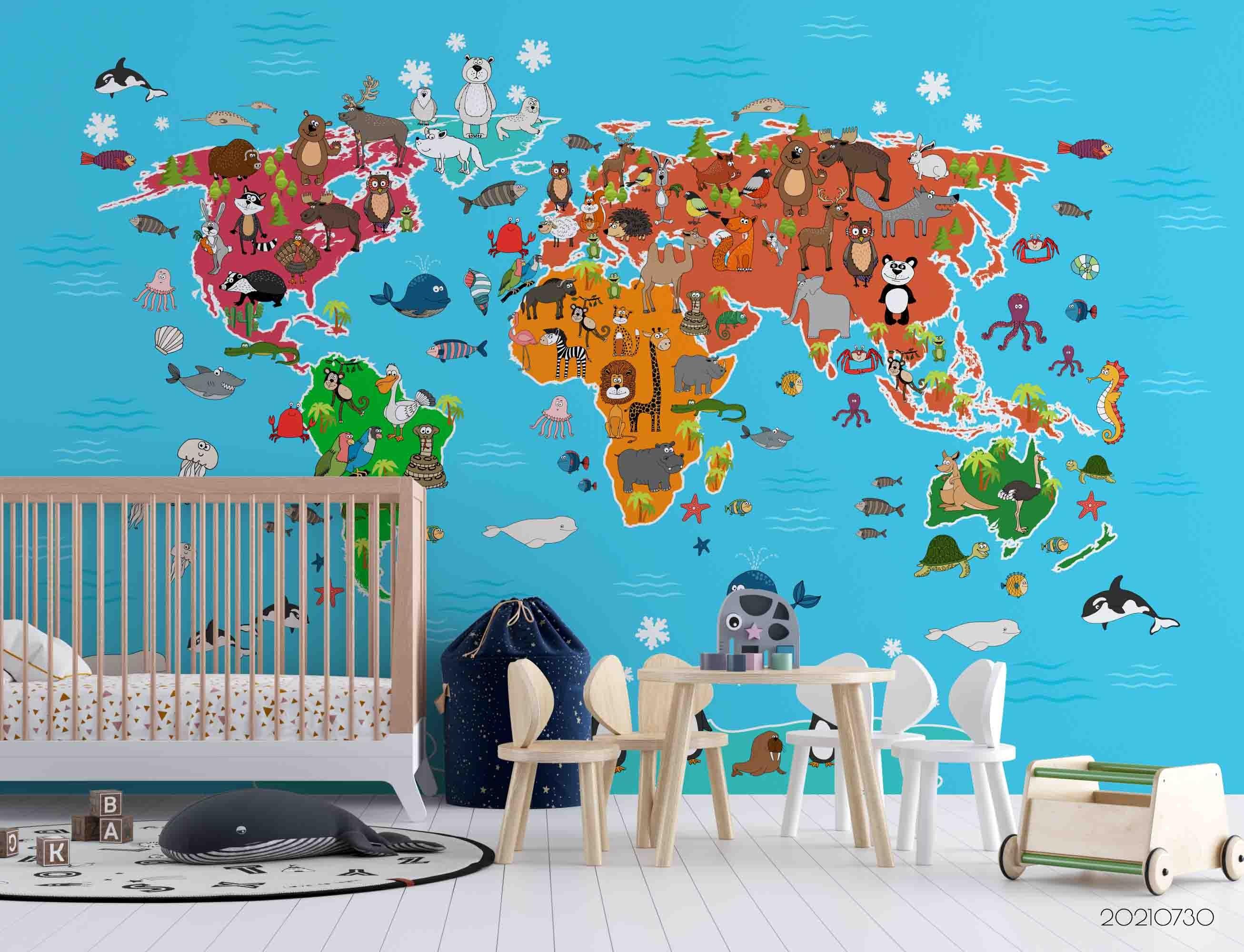 3D Map World Cartoon Animal Wall Mural Wallpaper SWW4486- Jess Art Decoration