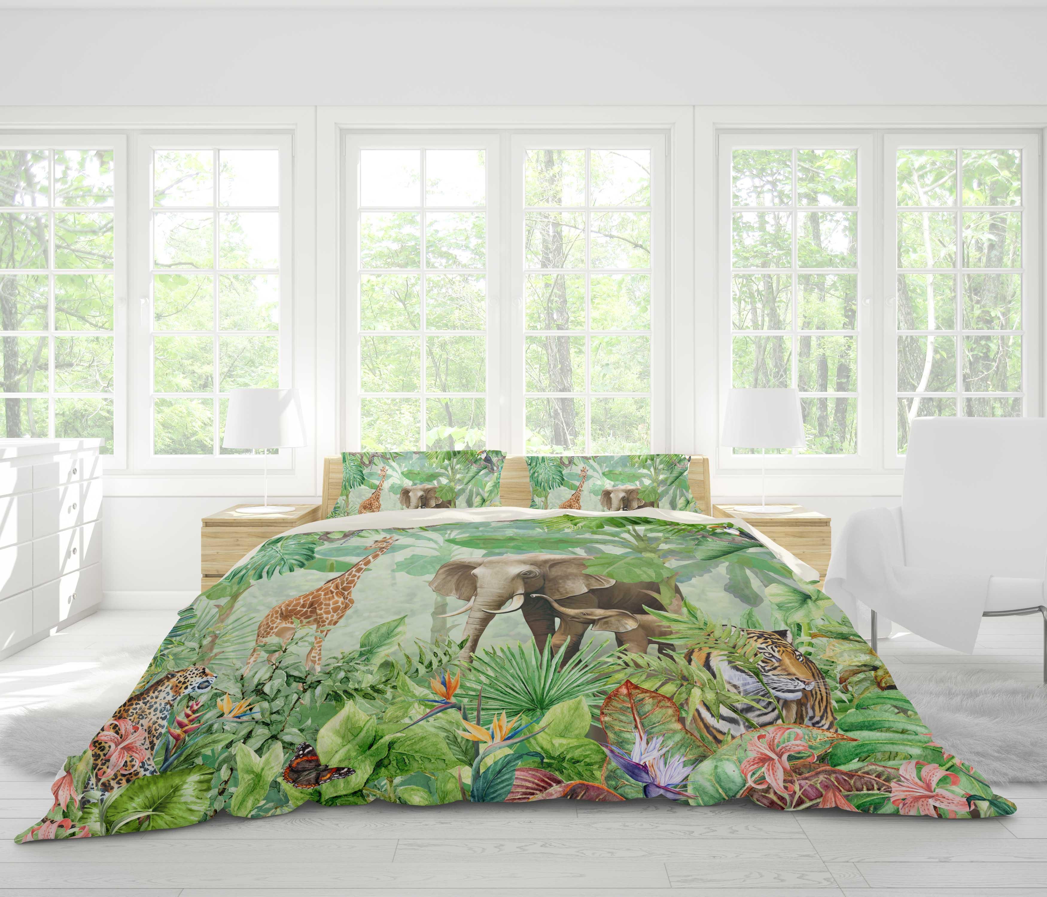 3D Green Jungle Animal Tiger Giraffe Elephant Leopard Quilt Cover Set Bedding Set Pillowcases 23- Jess Art Decoration