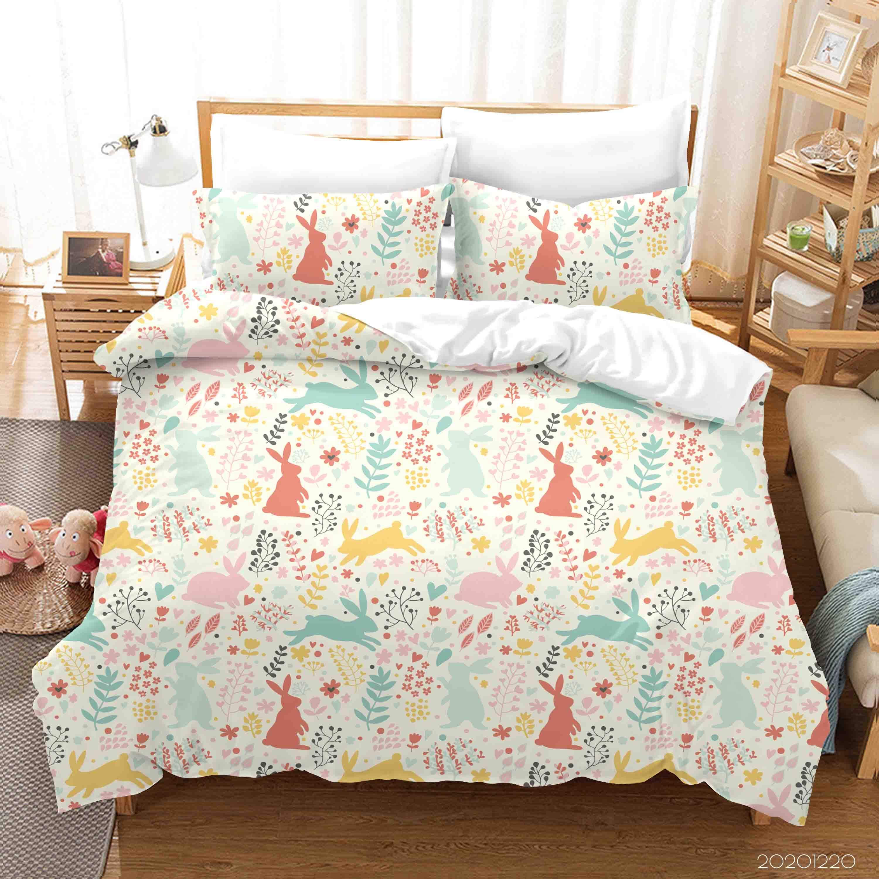 3D Hand Drawn Animal Bunny Leaf Color Quilt Cover Set Bedding Set Duvet Cover Pillowcases 105- Jess Art Decoration