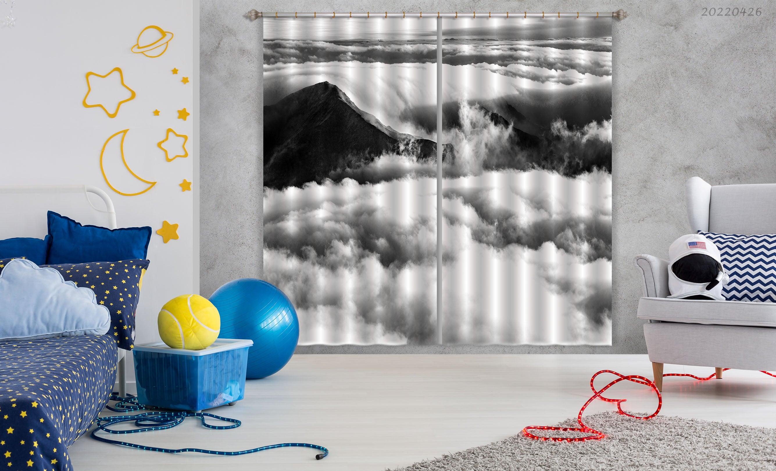 3D Landscape Mountain Peak Cloud Fog Black White Curtains and Drapes GD 4736- Jess Art Decoration
