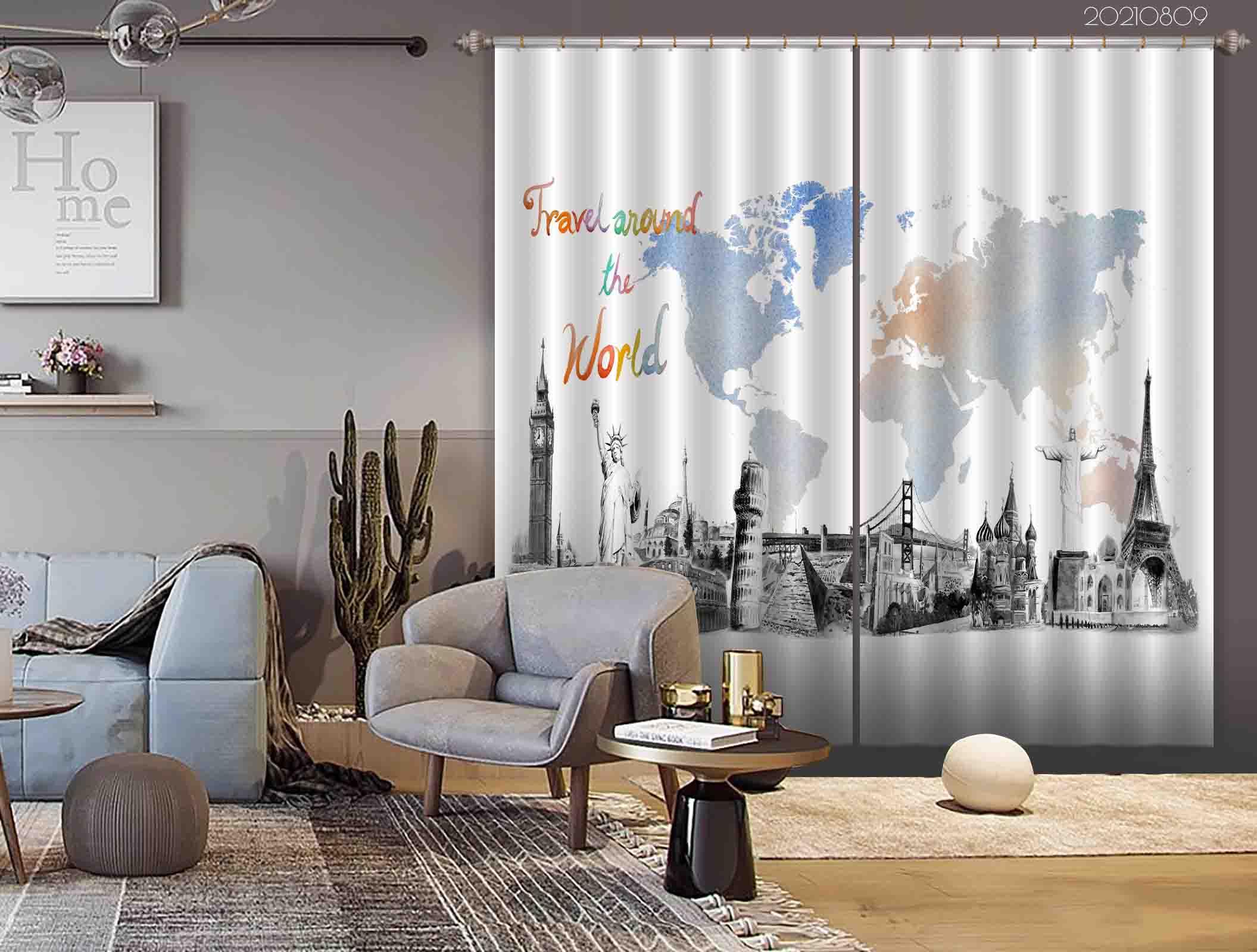 3D Watercolor World Map Curtains and Drapes LQH 80- Jess Art Decoration