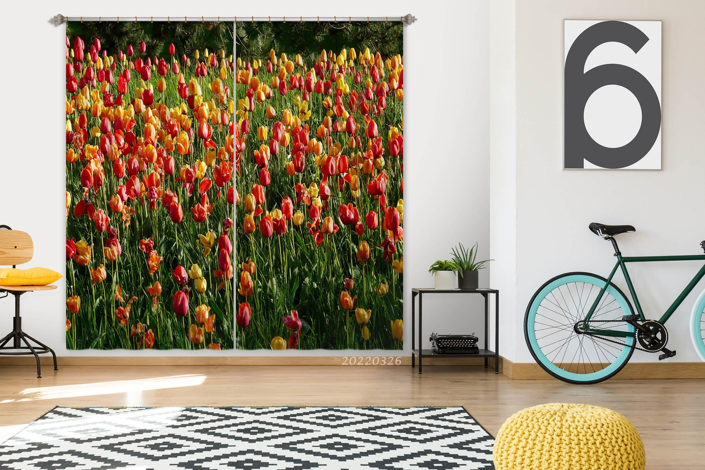 3D Idyllic Tulip Flower Pink Yellow Curtains and Drapes GD 3020- Jess Art Decoration