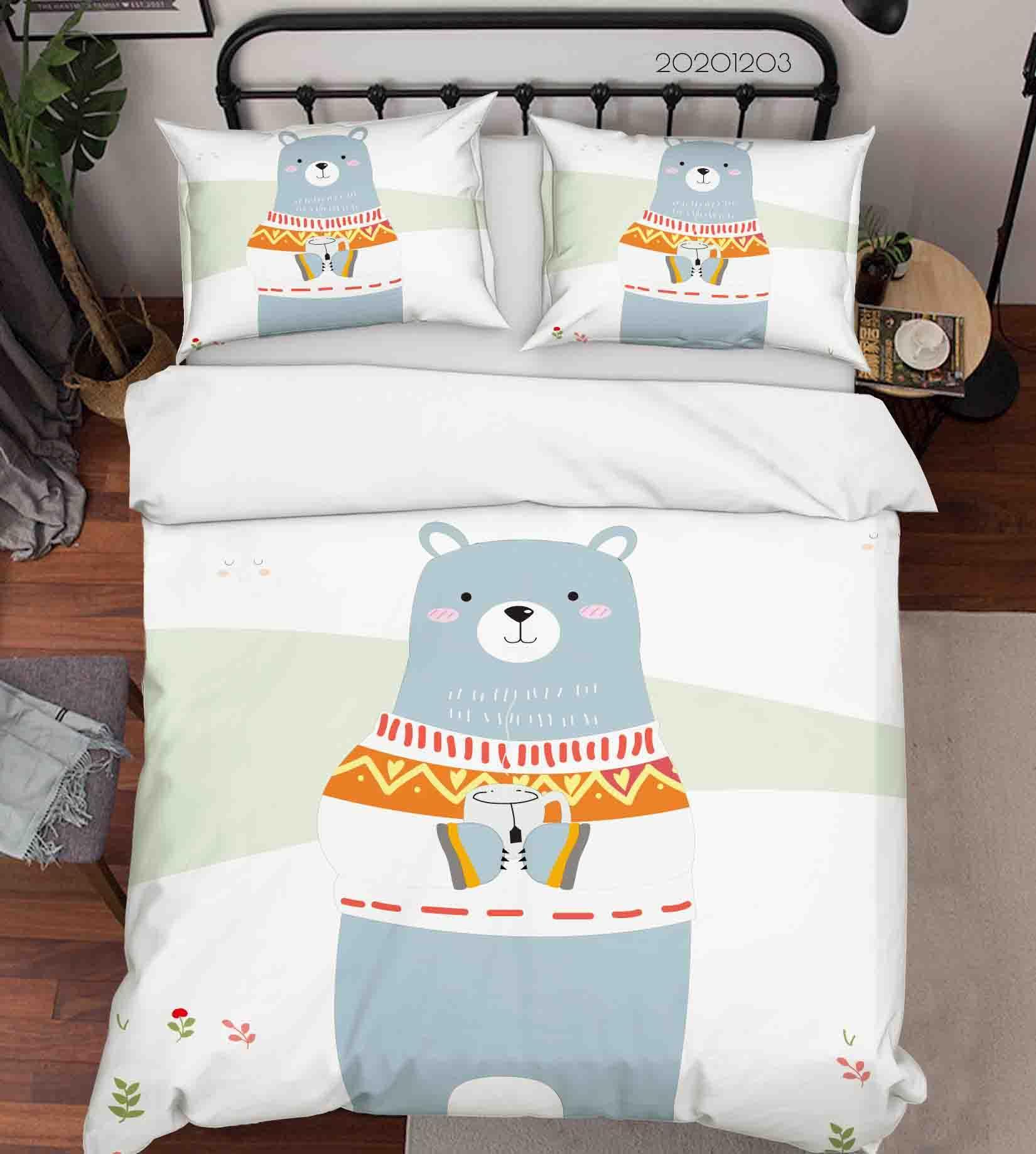 3D Cartoon Hand Drawn Sweater Blue Bear Animal Quilt Cover Set Bedding Set Duvet Cover Pillowcases LXL- Jess Art Decoration