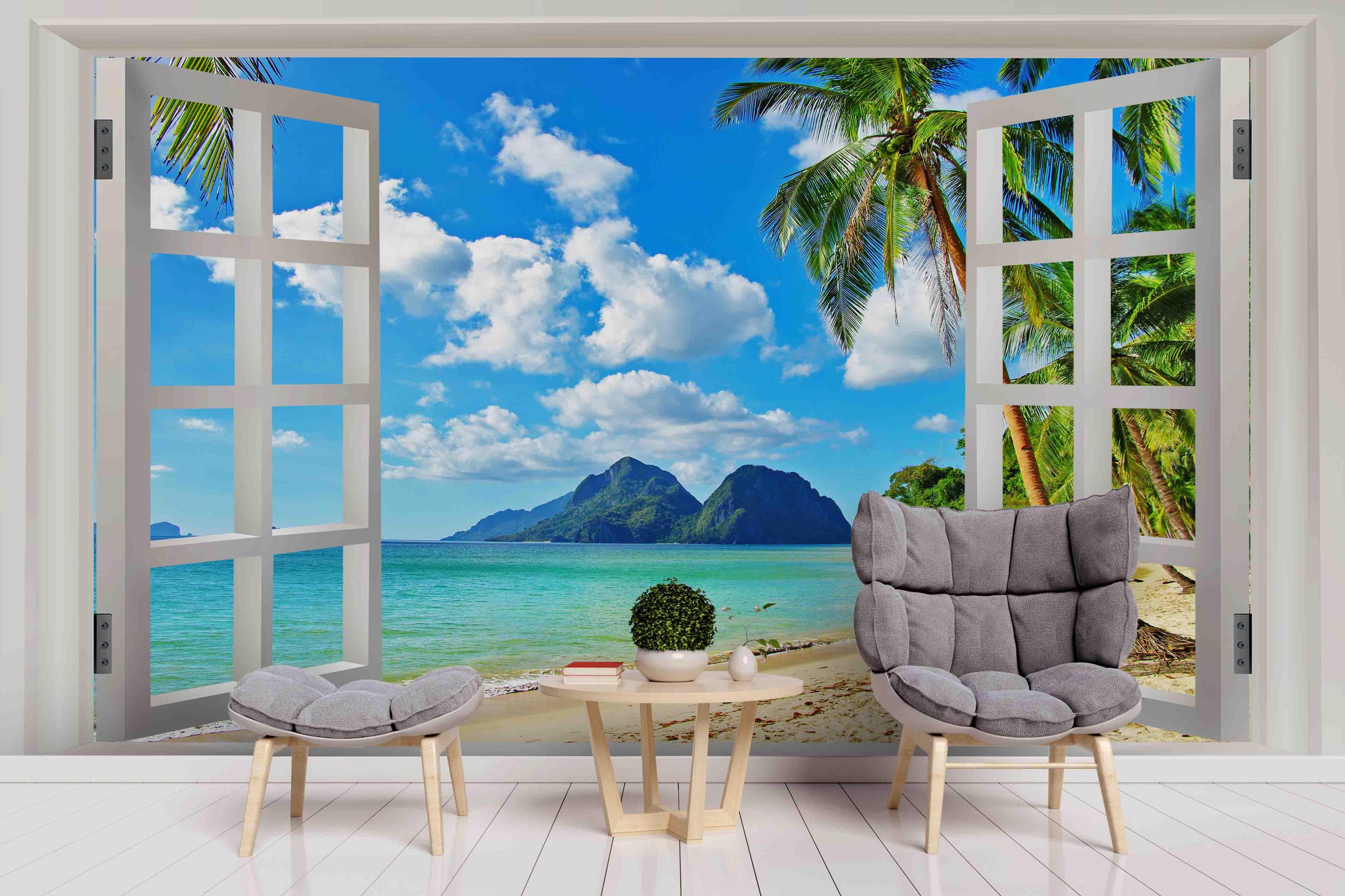 3D Window Beach Coconut Tree Mountain Sea Landscape Wall Mural Wallpaper GD 1948- Jess Art Decoration