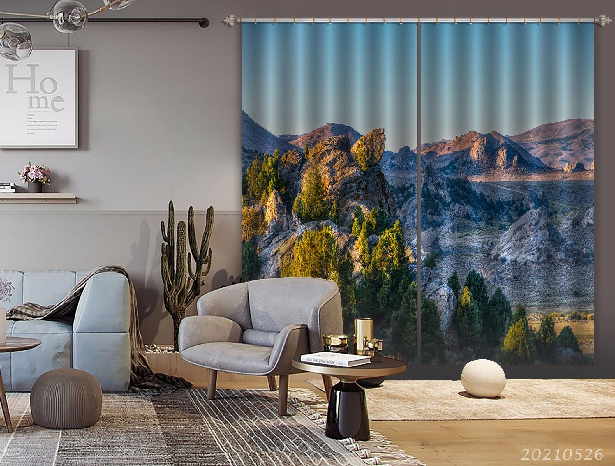 3D Stone Mountain Green Tree Curtains and Drapes GD 411- Jess Art Decoration