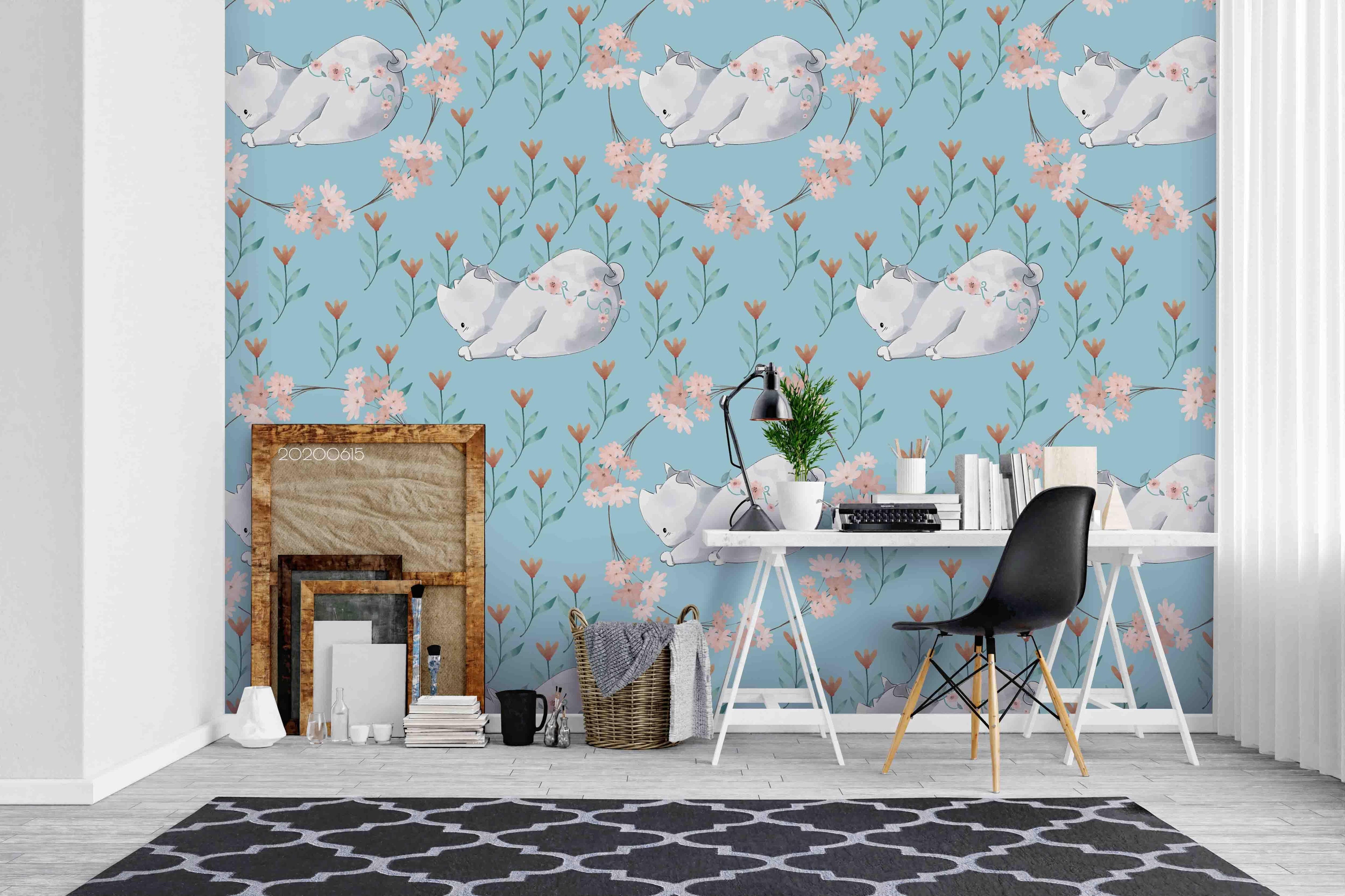 3D White Cat Flower Pattern Wall Mural Wallpaper A92 LQH- Jess Art Decoration