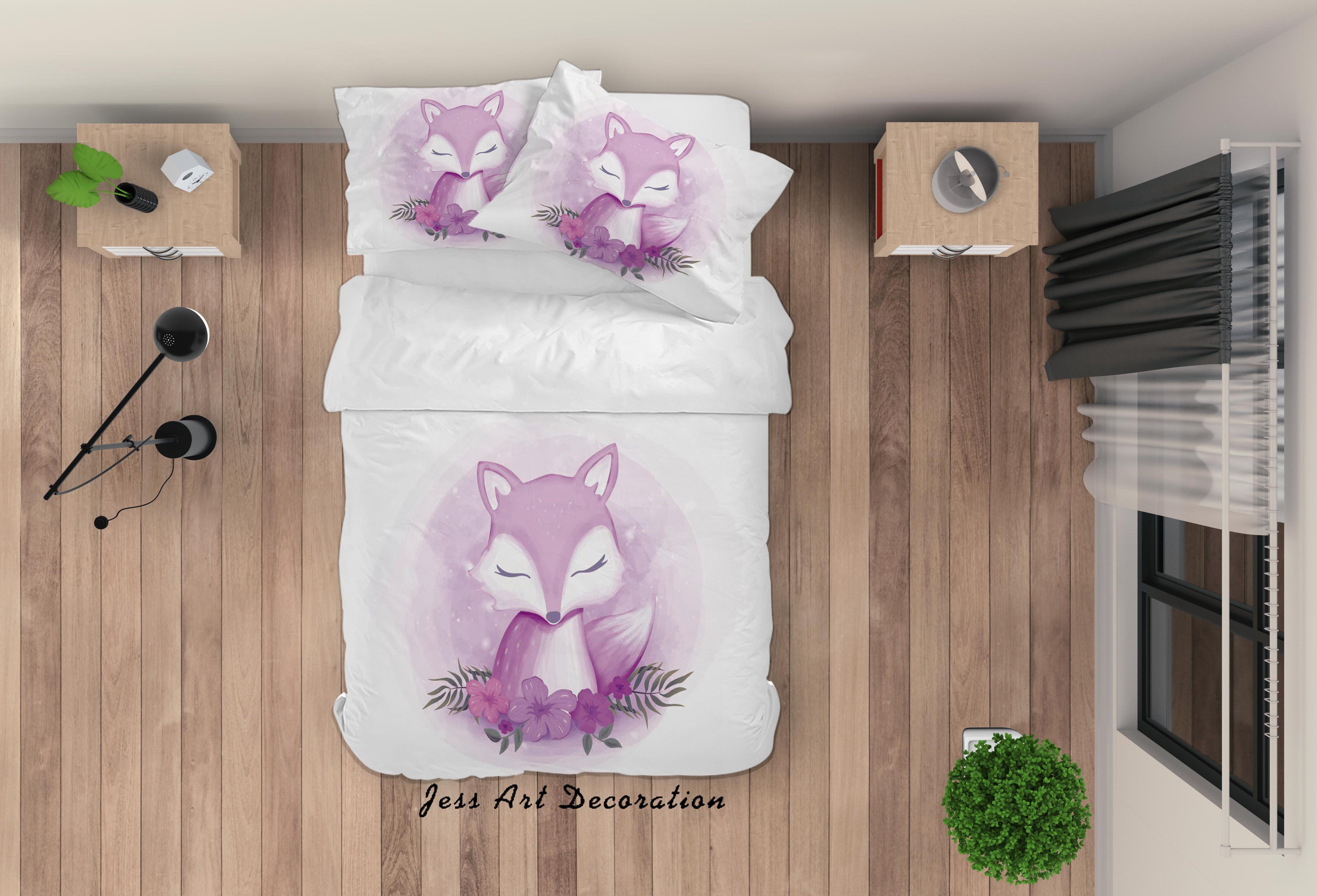 3D White Purple Fox Floral Quilt Cover Set Bedding Set Duvet Cover Pillowcases SF64- Jess Art Decoration