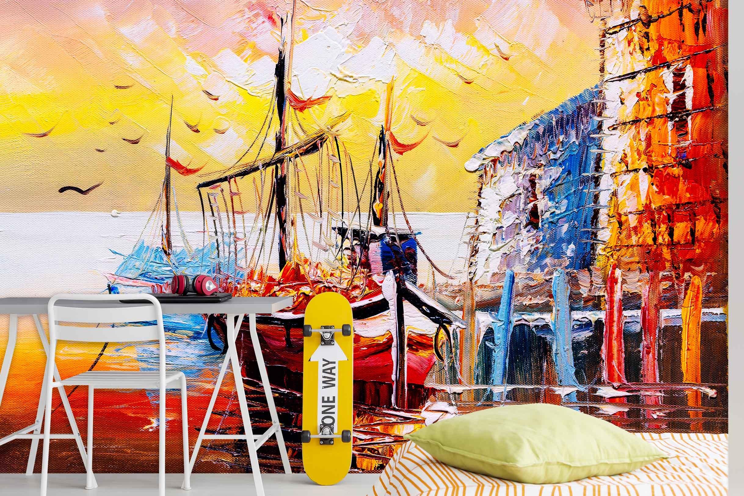 3D Ocean Boat Seagull Oil Painting Wall Mural Wallpaper  sww 63- Jess Art Decoration