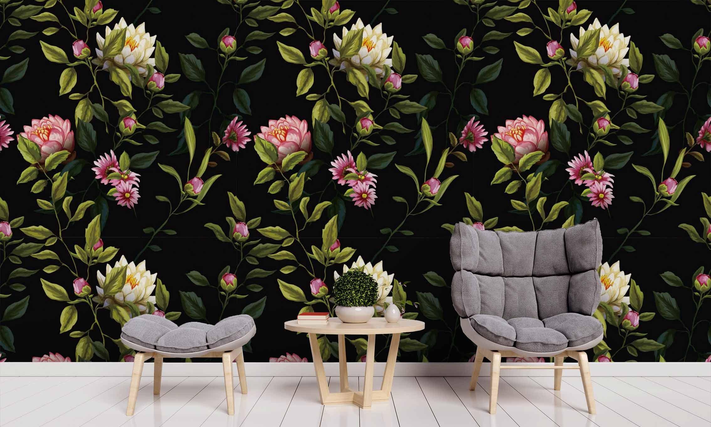 3D Black Pink Yellow Flowers Wall Mural Wallpaper SF111- Jess Art Decoration