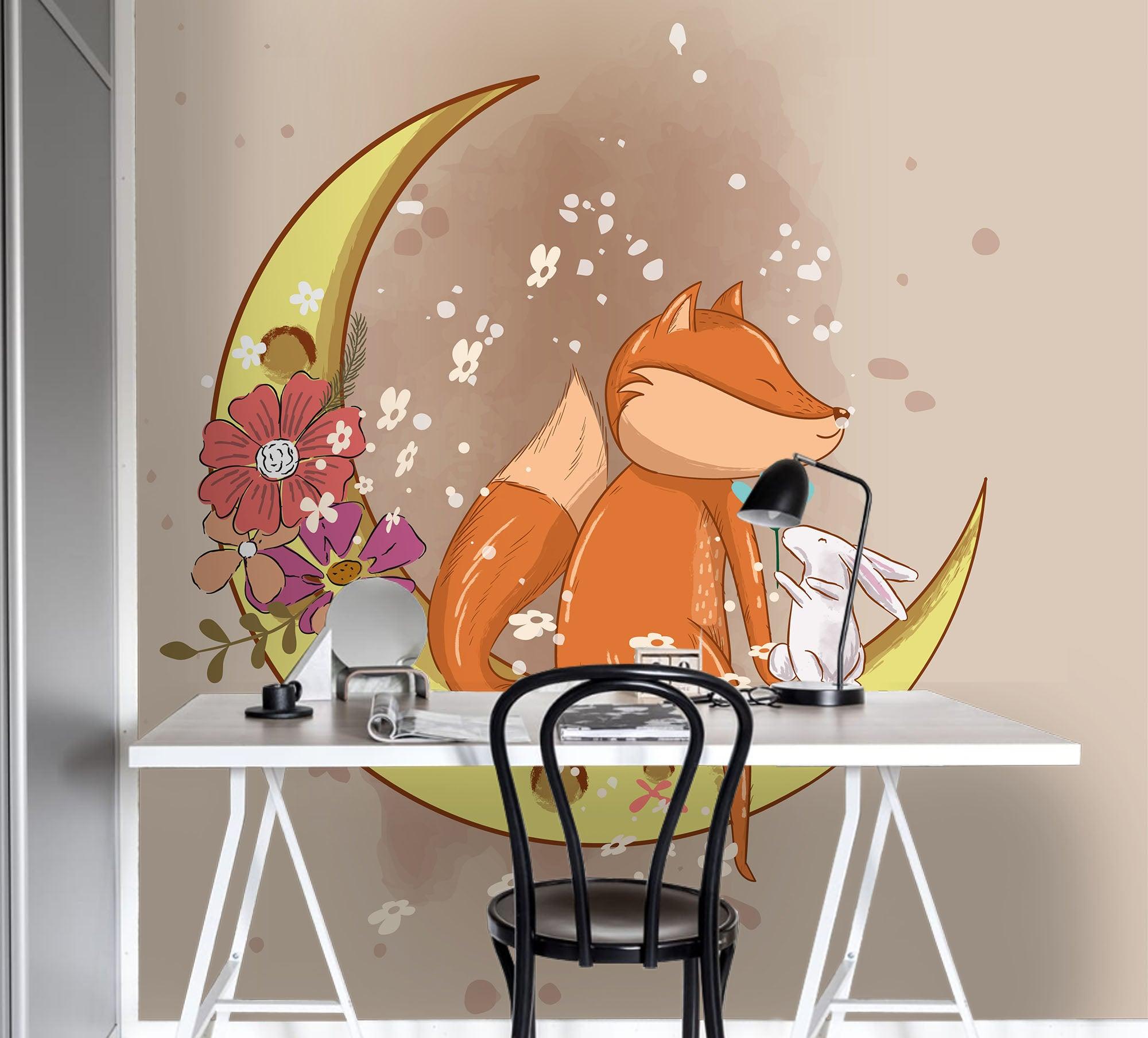 3D Moon Fox Floral Wall Mural Wallpaper SF42- Jess Art Decoration
