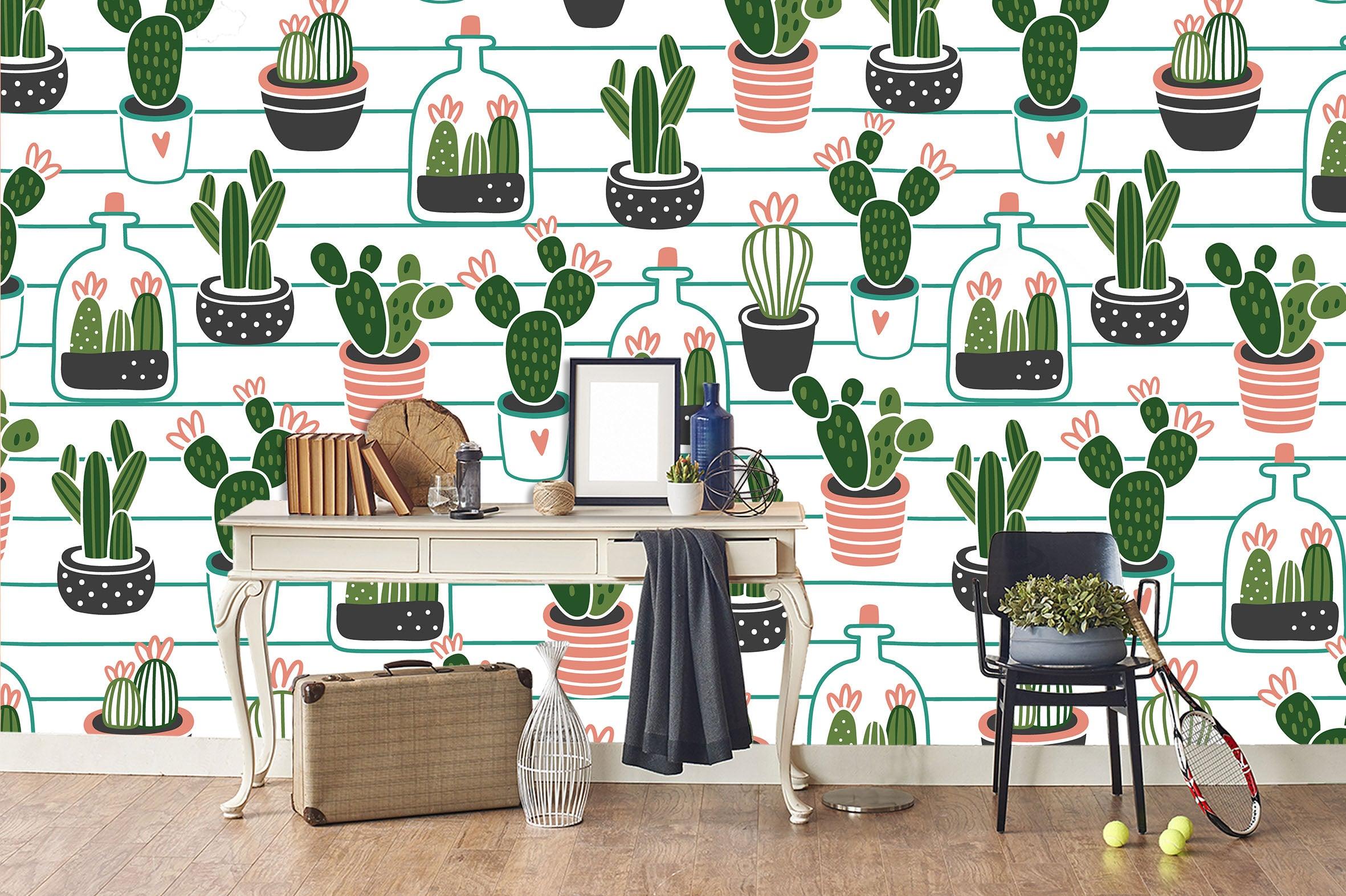 3D potted plant cactus stripes wall mural wallpaper 39- Jess Art Decoration
