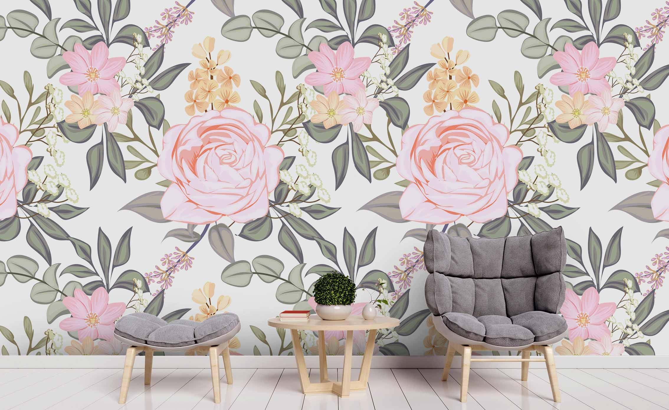 3D Pink Floral Green Leaves Wall Mural Wallpaper 44 LQH- Jess Art Decoration