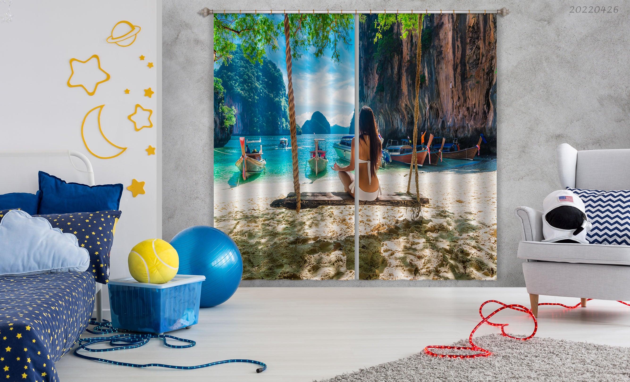 3D Landscape Ocean Beach Boat Woman Swing Curtains and Drapes GD 4772- Jess Art Decoration