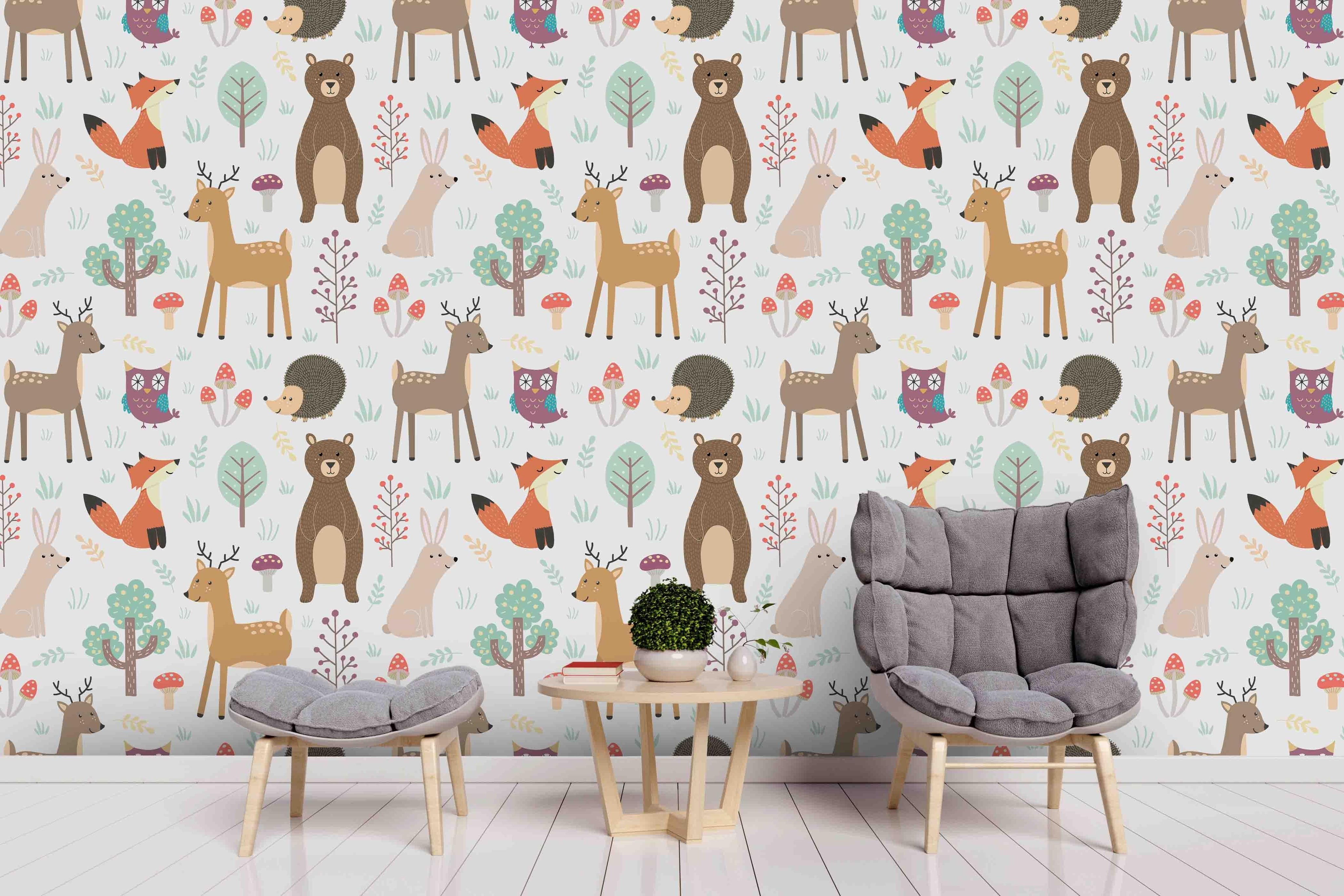 3D Cartoon Forest Animals Hedgehog Fox Deer Bear Rabbit Wall Mural Wallpaper ZY D21- Jess Art Decoration