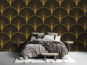 3D Black Golden Fan Geometry art deco fan geometric pattern wall mural wallpaper for dining room - view 2