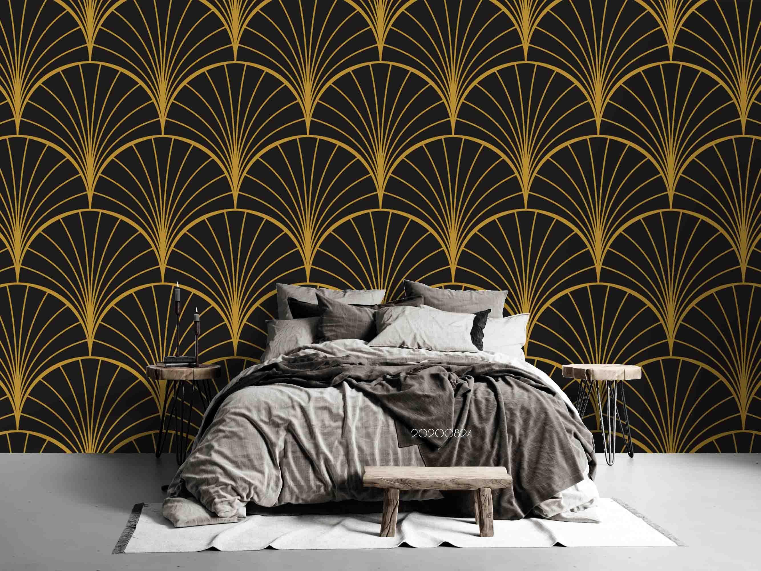 3D Black Golden Fan Geometry art deco fan geometric pattern wall mural wallpaper for dining room - view 2