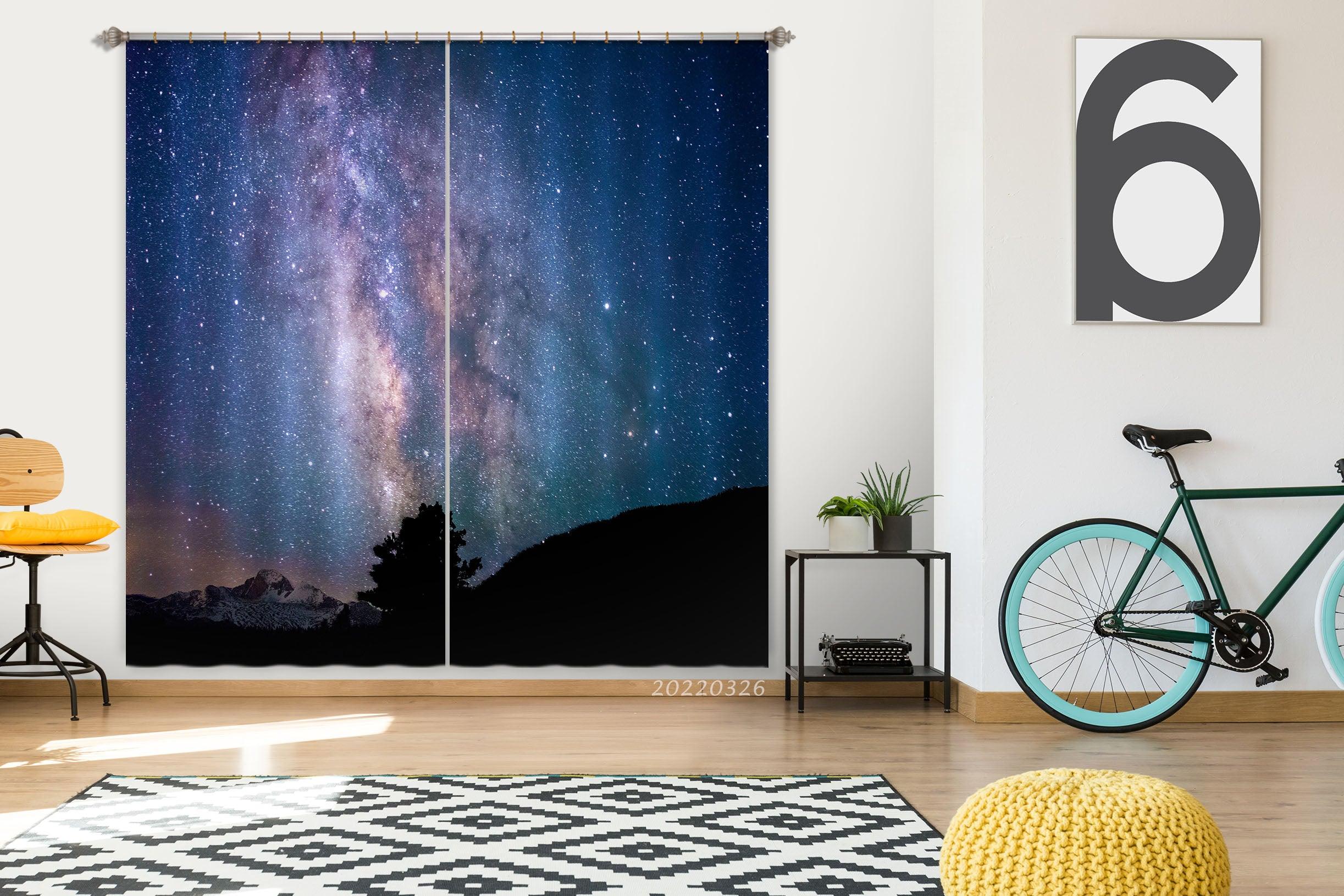 3D Nature Mountain Tree Silhouette Starry Sky Curtains and Drapes GD 2965- Jess Art Decoration
