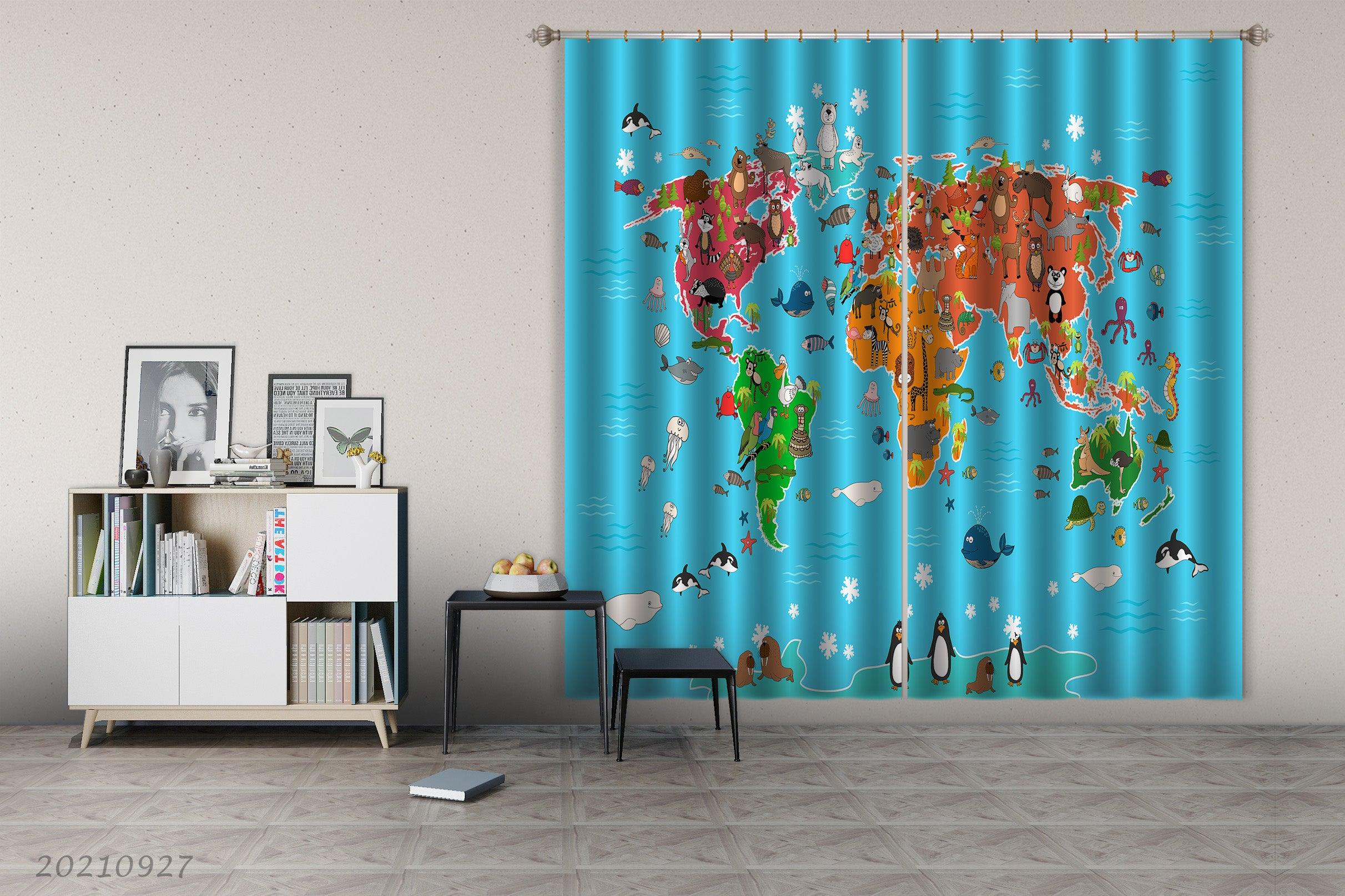 3D Blue World Map Kids Curtains and Drapes LQH 174- Jess Art Decoration