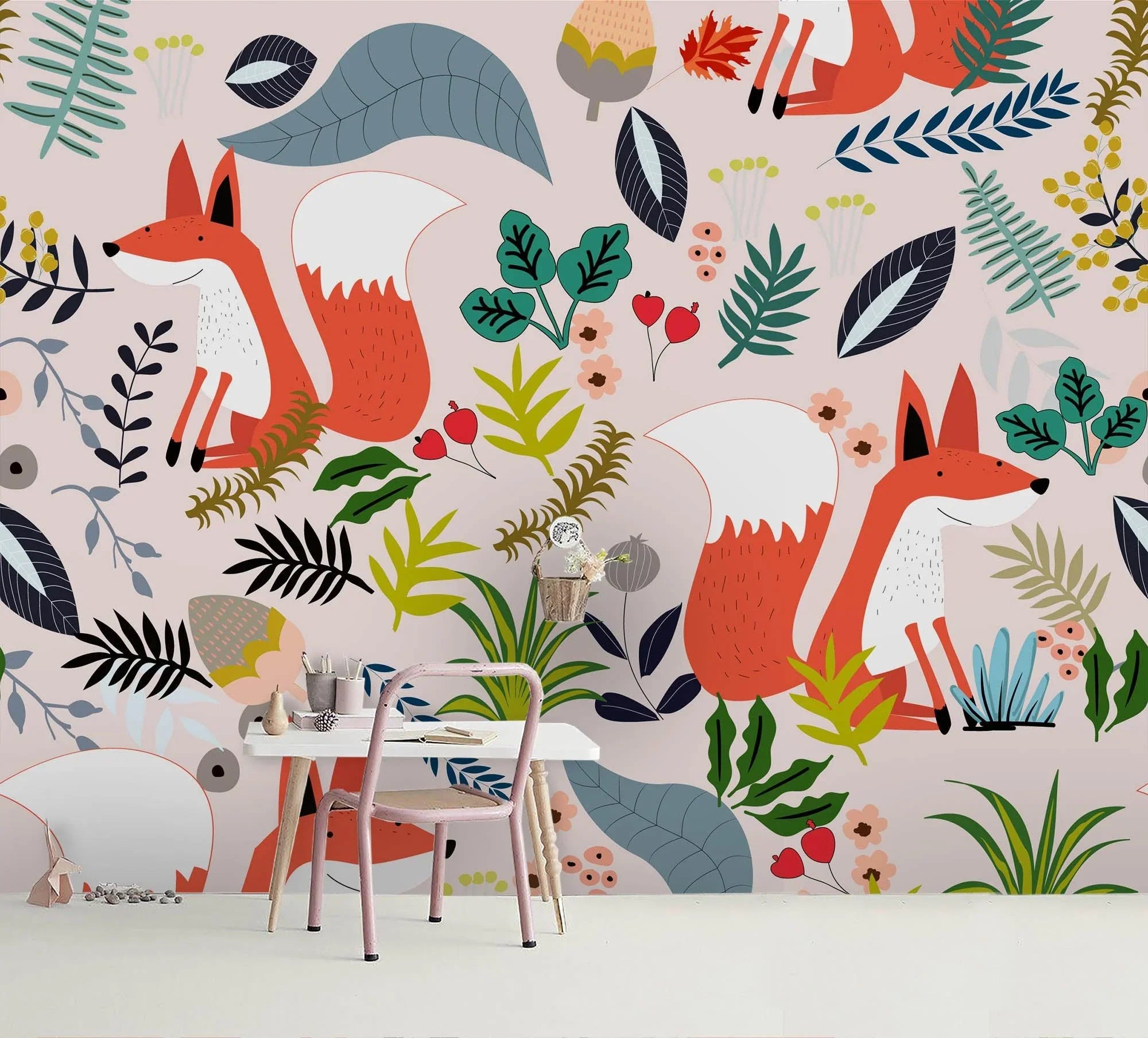 3D Fox Floral Leaves Wall Mural Wallpaper SF37- Jess Art Decoration
