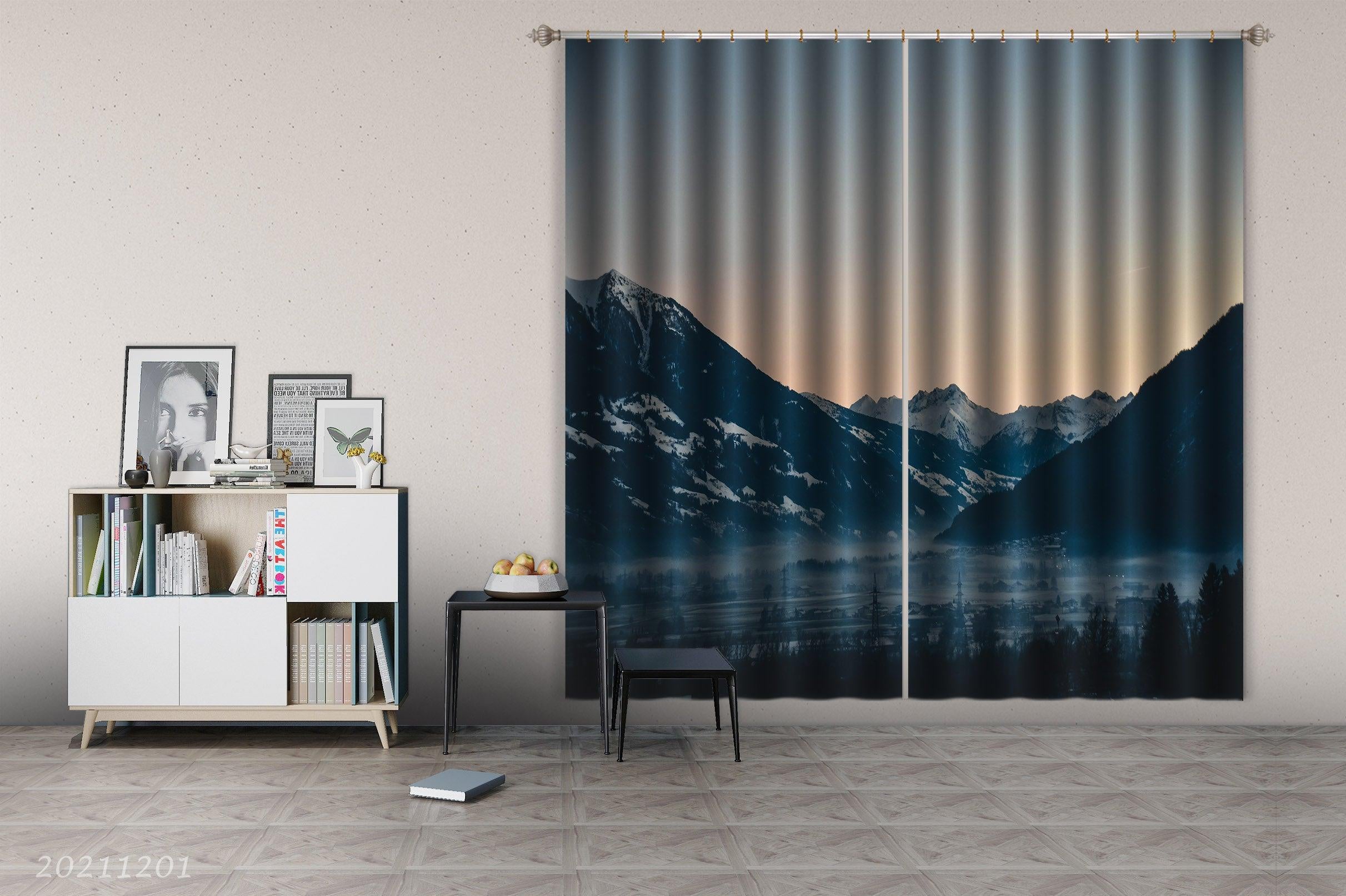 3D Mountain Snow Plant Jungle Landscape Blue Curtains and Drapes LLL 26- Jess Art Decoration