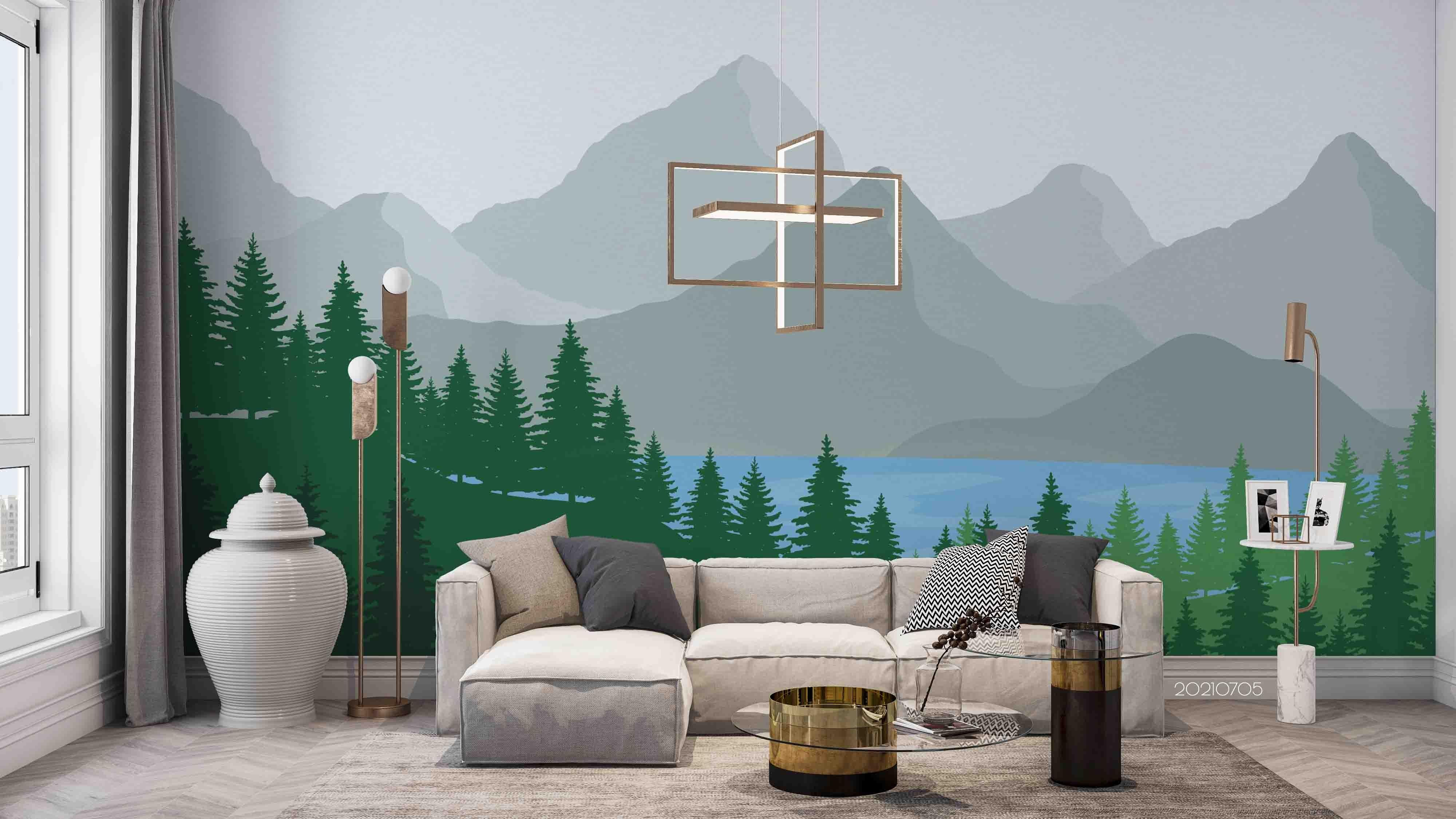 3D Hand Drawn Mountain Forest Lake Wall Mural Wallpaper LQH 45- Jess Art Decoration