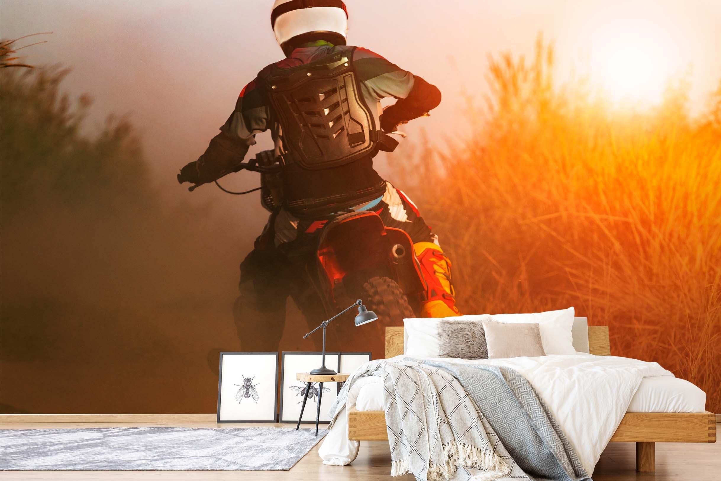 3D Extreme Motorcycle Sunset Grass Wall Mural Wallpaper A003 LQH- Jess Art Decoration