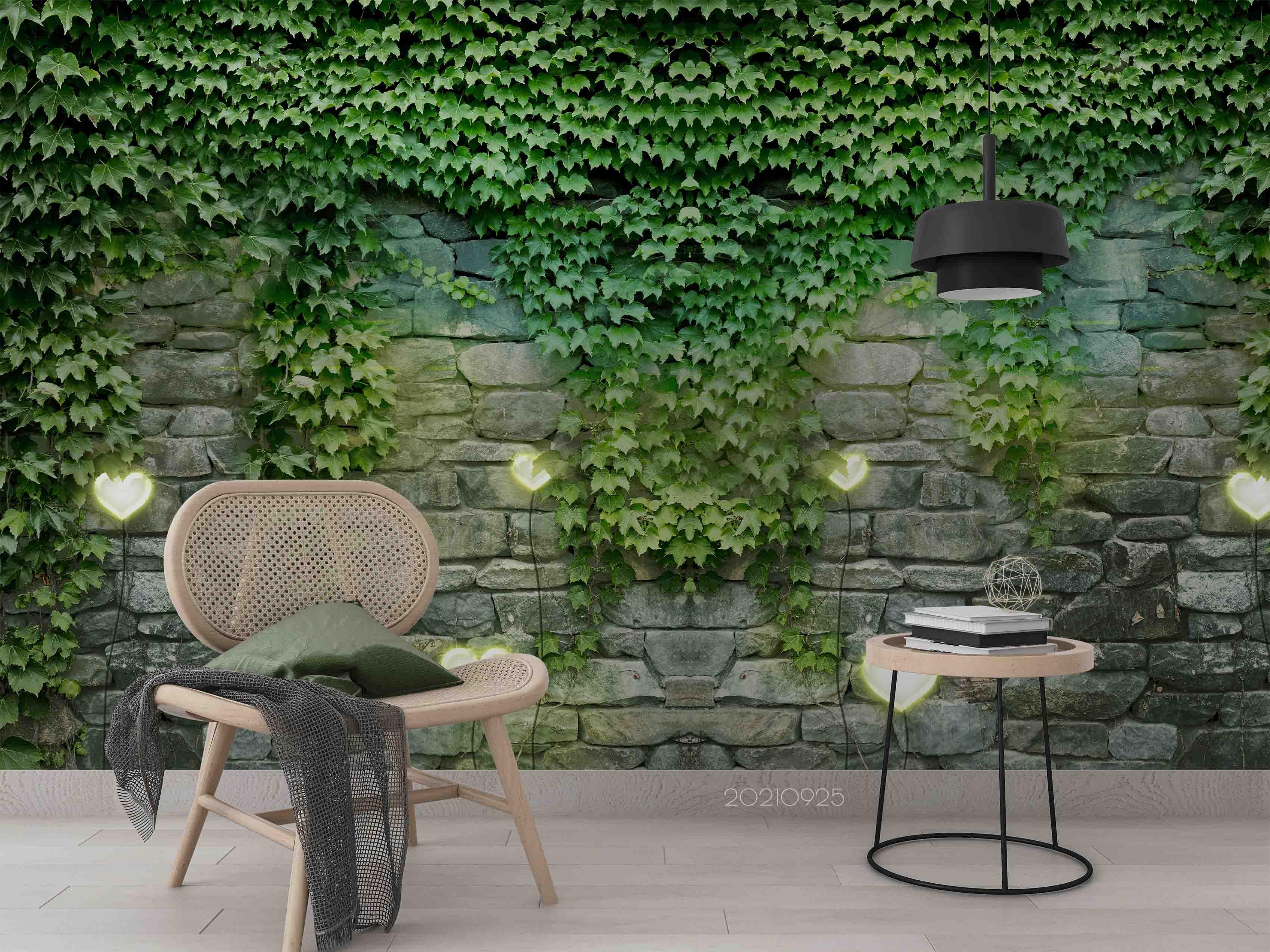 3D Stone Wall Green Plant Leaf Wall Mural Wallpaper LQH 263- Jess Art Decoration