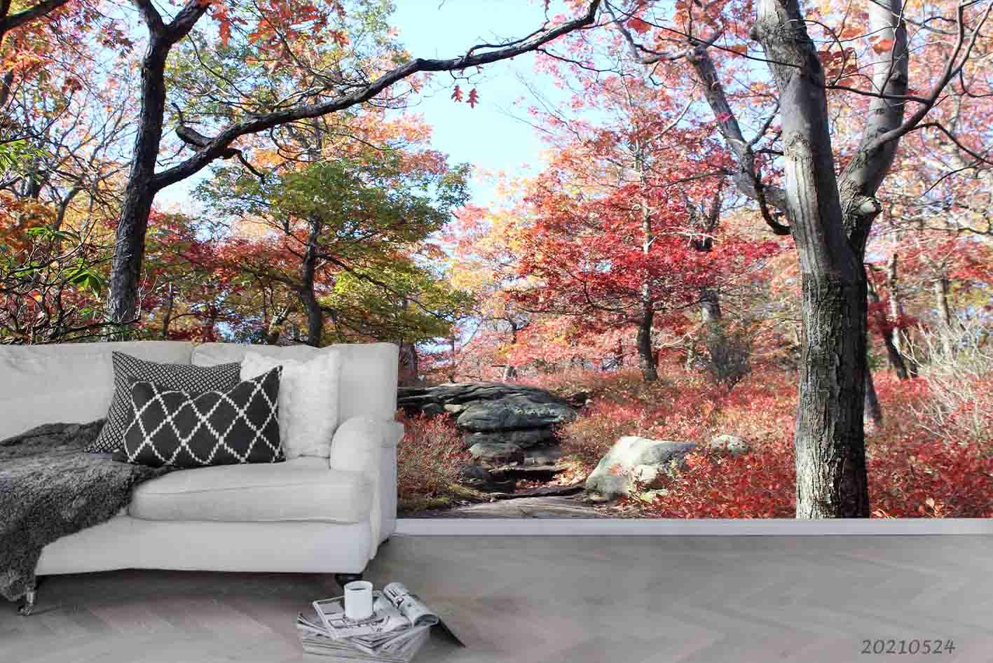 3D Nature Red Maple Trunk Path Wall Mural Wallpaper SWW140- Jess Art Decoration