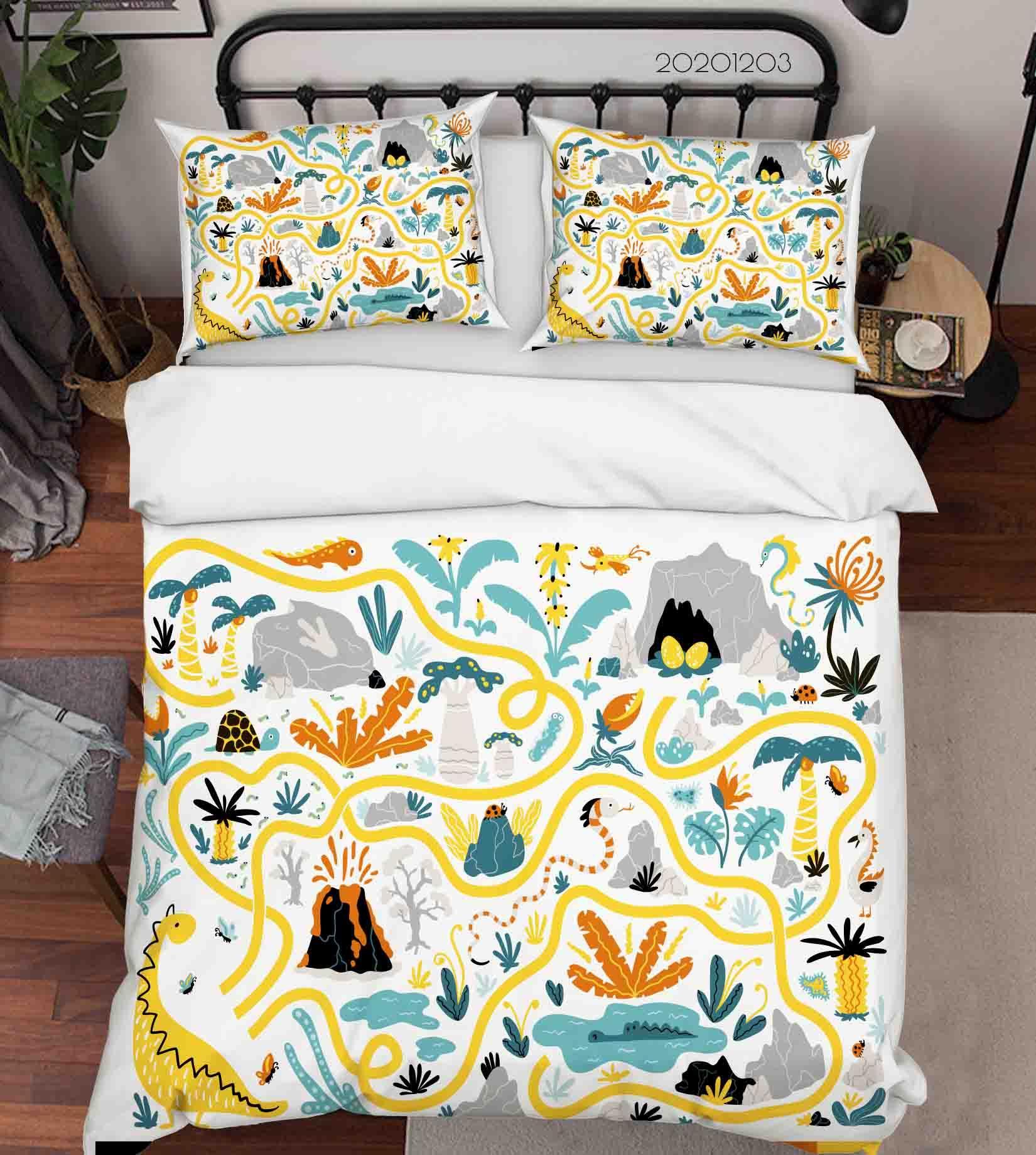 3D Cartoon Hand Drawn Colorful Dinosaur Plant Illustration Animal Quilt Cover Set Bedding Set Duvet Cover Pillowcases LXL- Jess Art Decoration