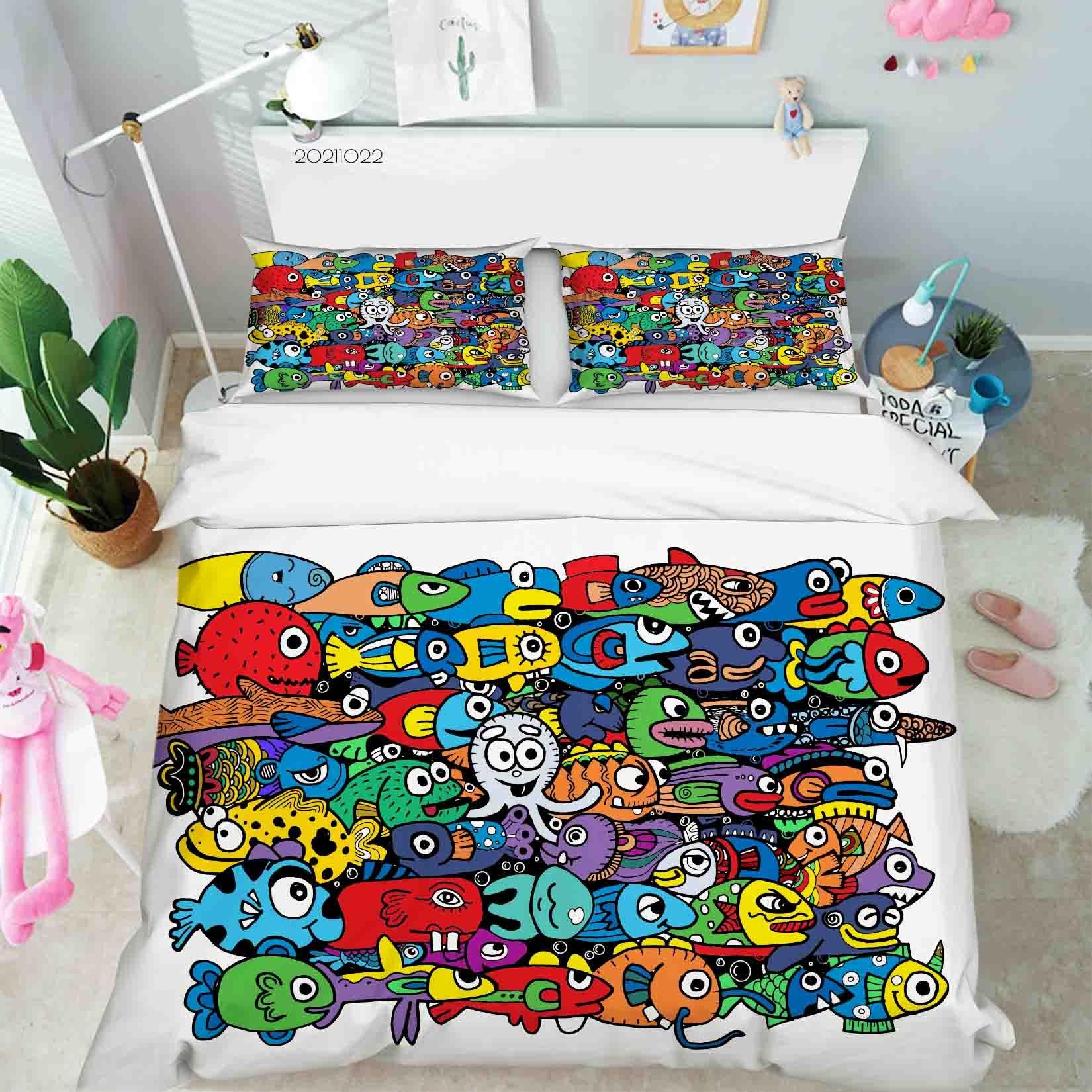3D Abstract Colored Fish Graffiti Quilt Cover Set Bedding Set Duvet Cover Pillowcases 21- Jess Art Decoration