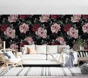 3D Vintage Blooming Pink Flowers Black Background Wall Mural Wallpaper GD 3546- Jess Art Decoration