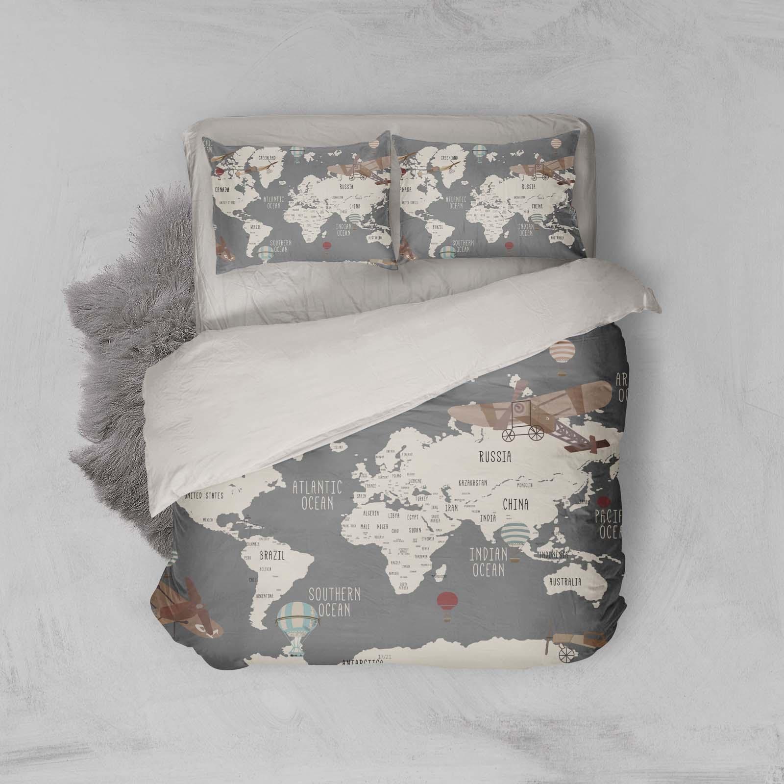 3D Grey World Map Aircraft Quilt Cover Set Bedding Set Pillowcases 29- Jess Art Decoration