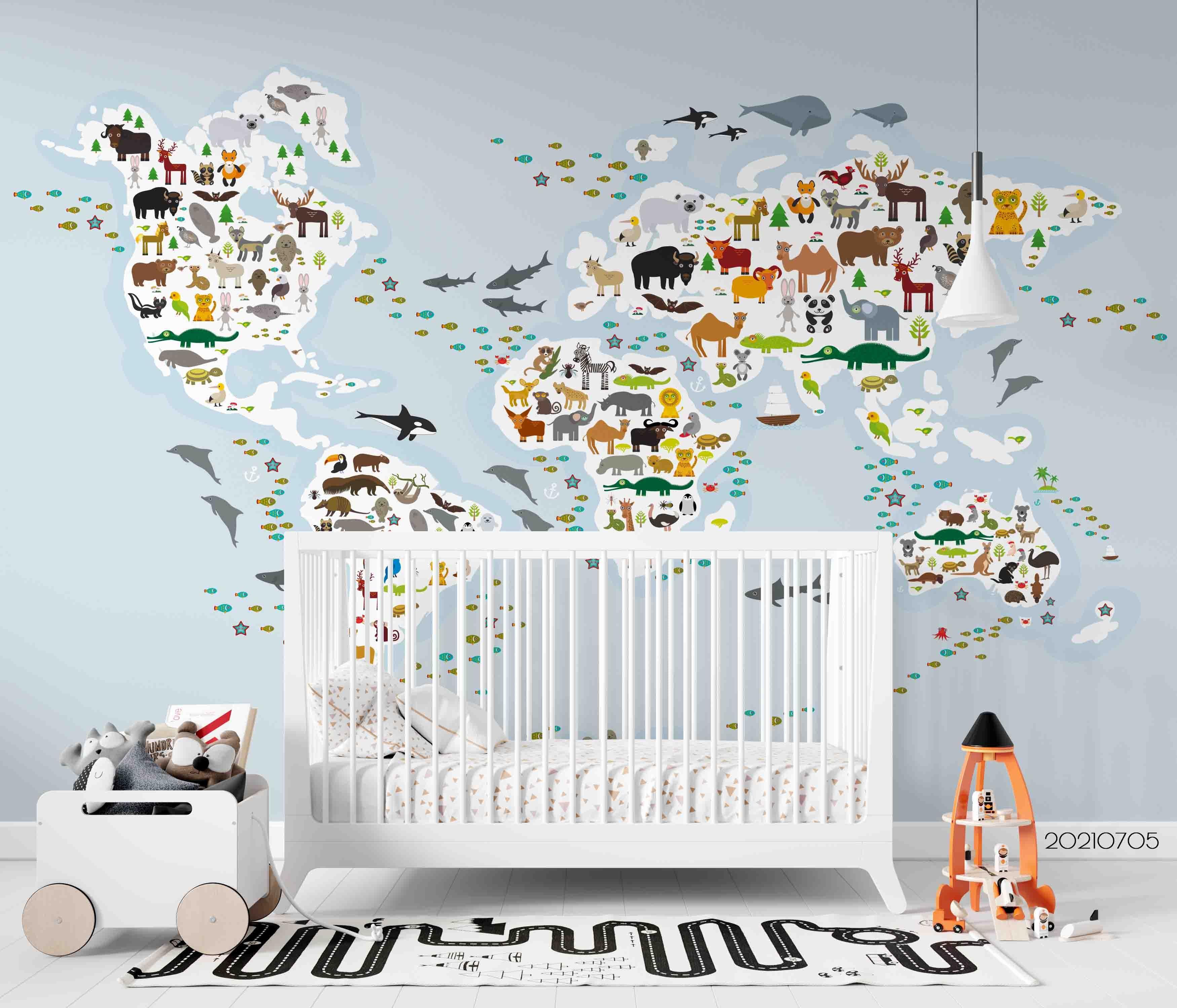 3D Cartoon World Map Animals Wall Mural Wallpaper LQH 92- Jess Art Decoration