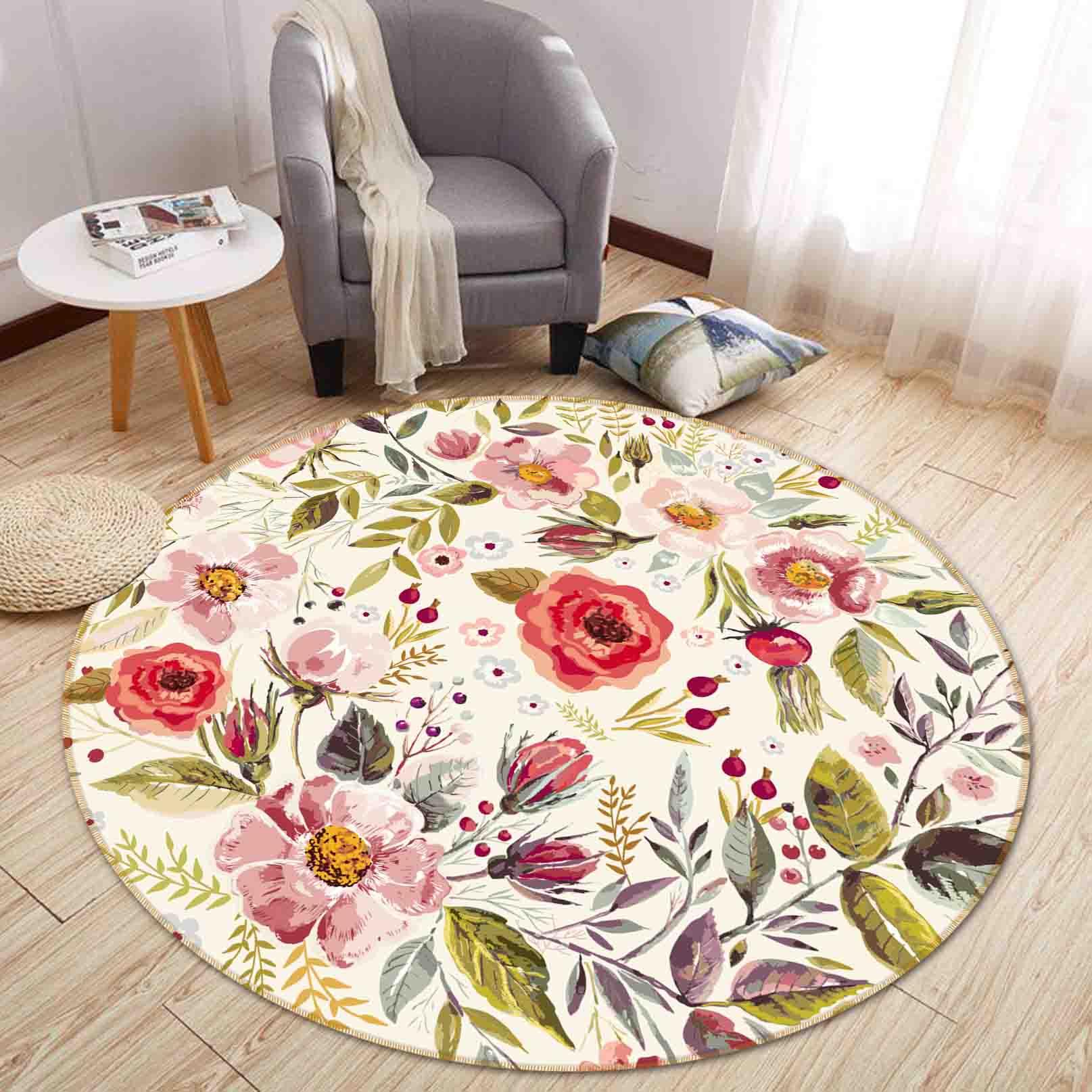 3D Watercolor Pink Floral Leaf Non-Slip Round Rug Mat 101- Jess Art Decoration