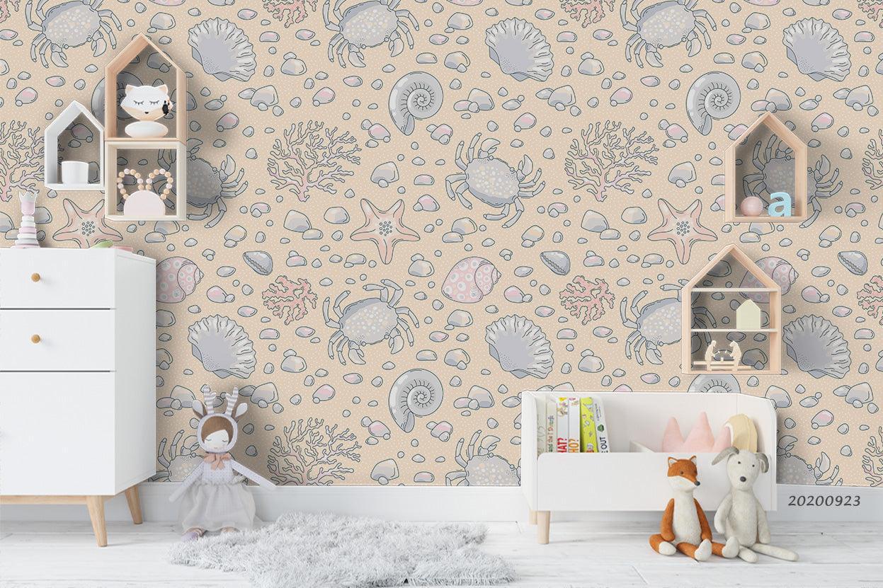 3D Cartoon Crab Seashell Starfish Shells Wall Mural Wallpaper WJ 3180- Jess Art Decoration