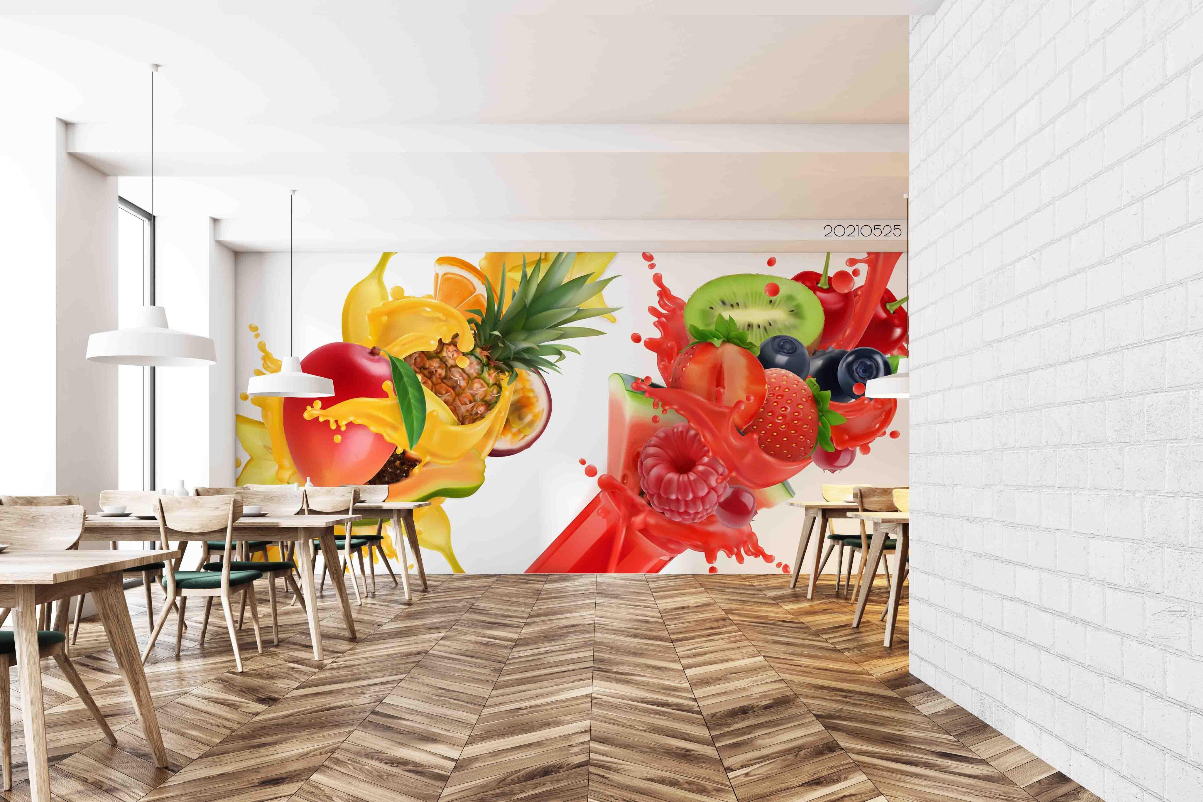 3D Tropical Fruits Burst Mixed Juice Yellow Red Wall Mural Wallpaper SWW40- Jess Art Decoration