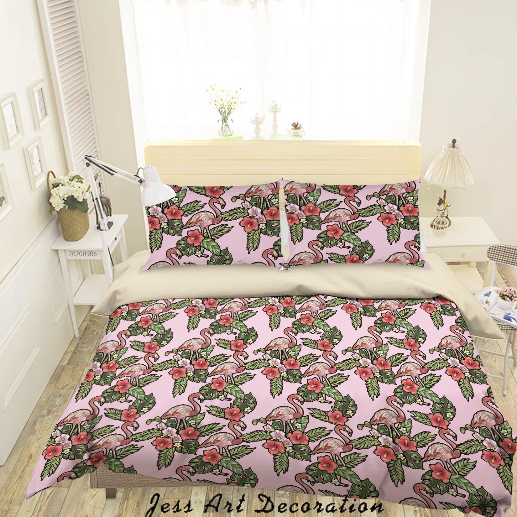 3D Vintage Leaves Flamingo Floral Pattern Quilt Cover Set Bedding Set Duvet Cover Pillowcases WJ 3654- Jess Art Decoration