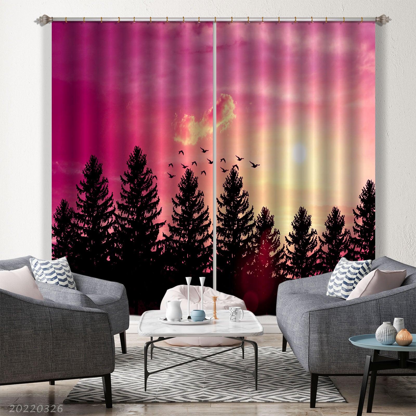 3D Woods Bird Sunset Orange Sky Sun Curtains and Drapes GD 3032- Jess Art Decoration